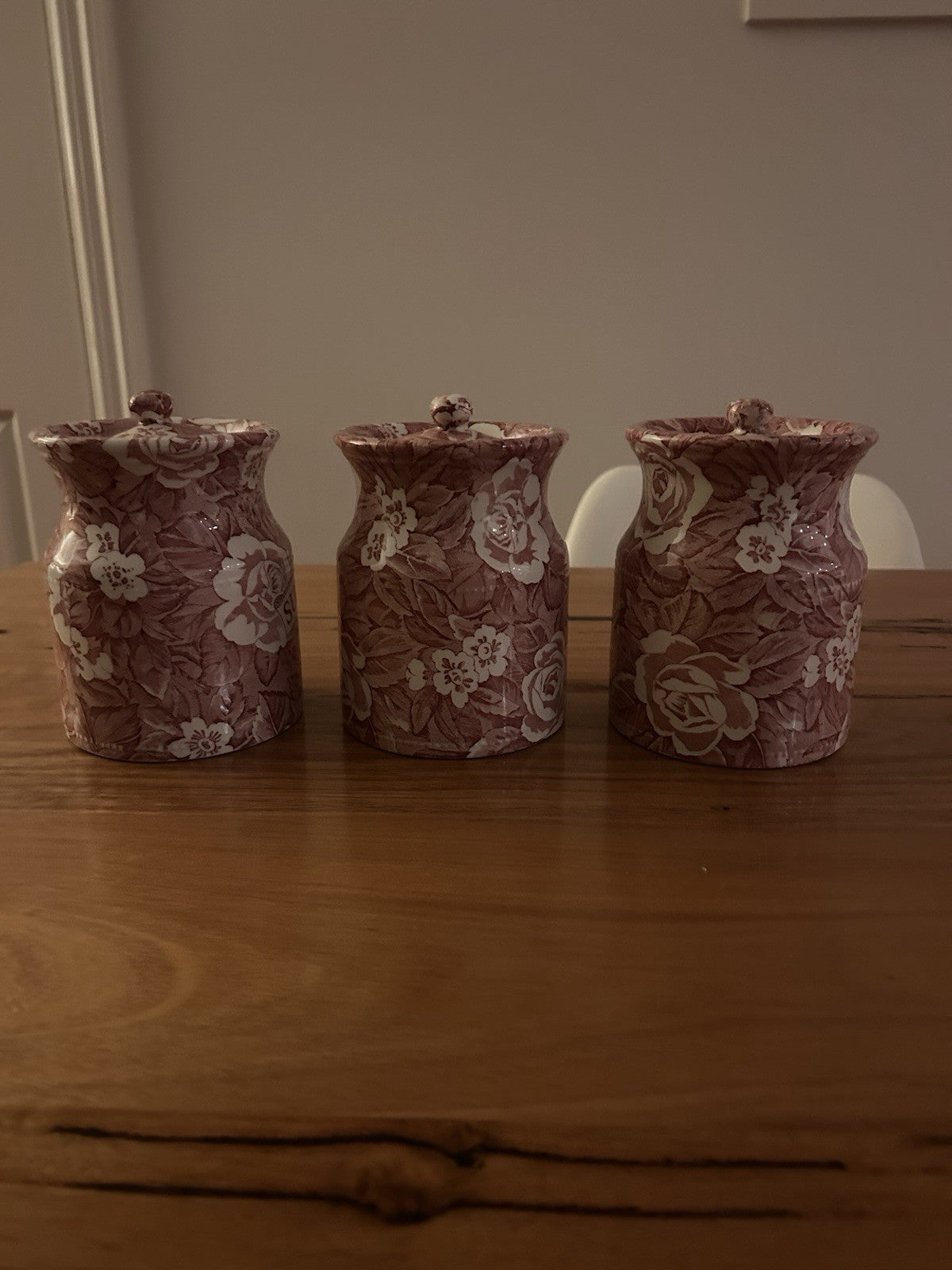 Vintage Burleigh Victoria China Tea Coffee Sugar Canisters Red Floral Set