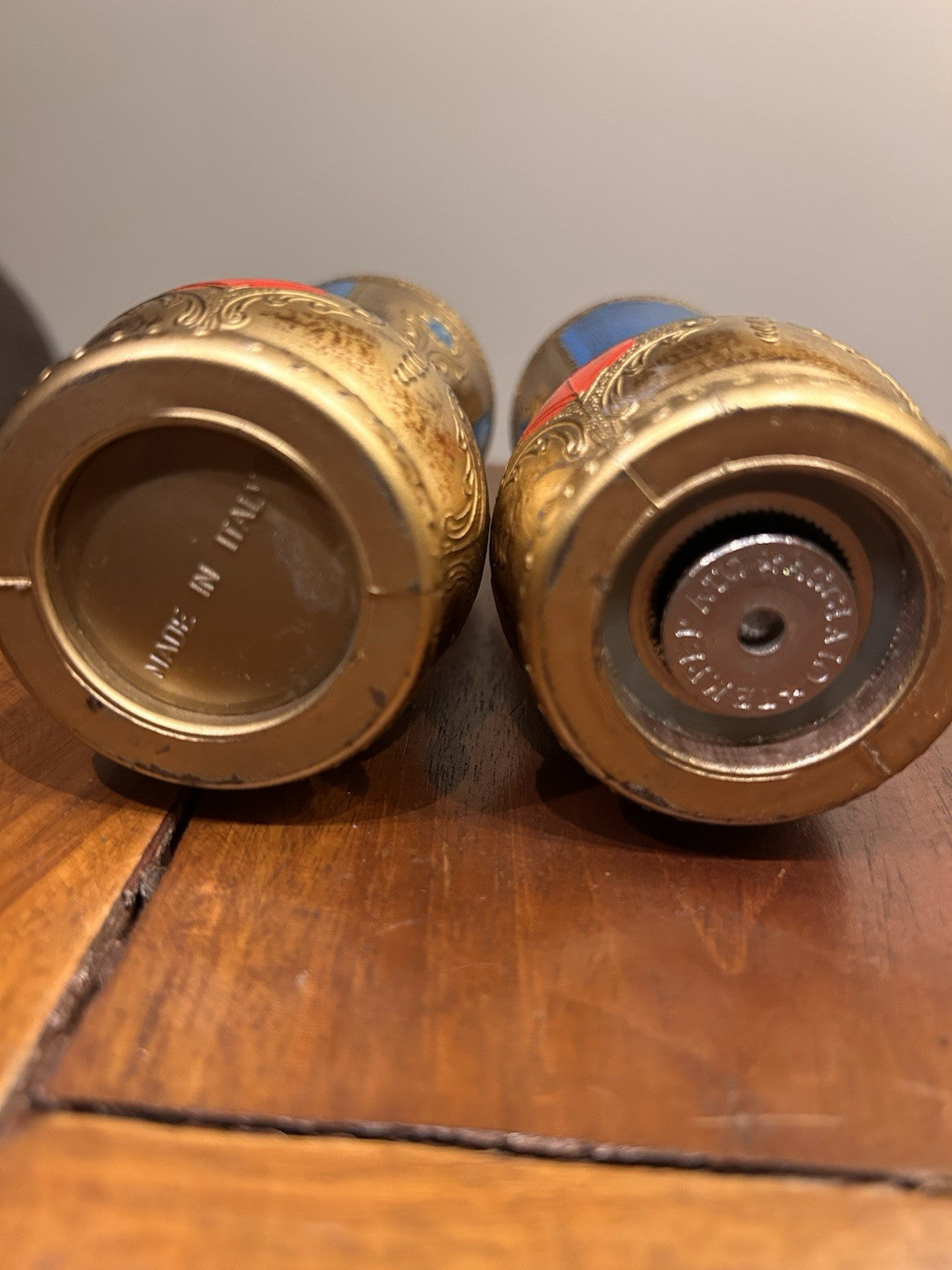 Vintage Italian Salt Pepper Grinder Set Blue Gold Florentine Style Pair