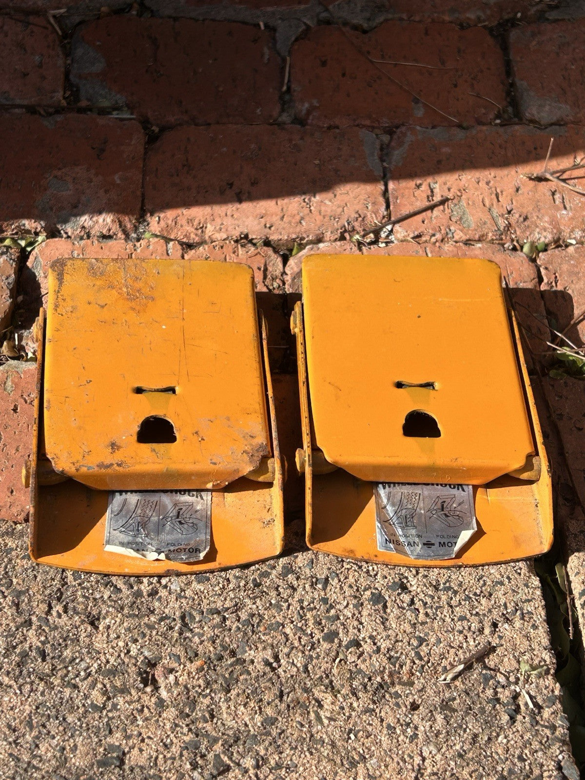 Vintage Nissan Folding Wheel Chocks Pair Metal Automotive Garage Tool