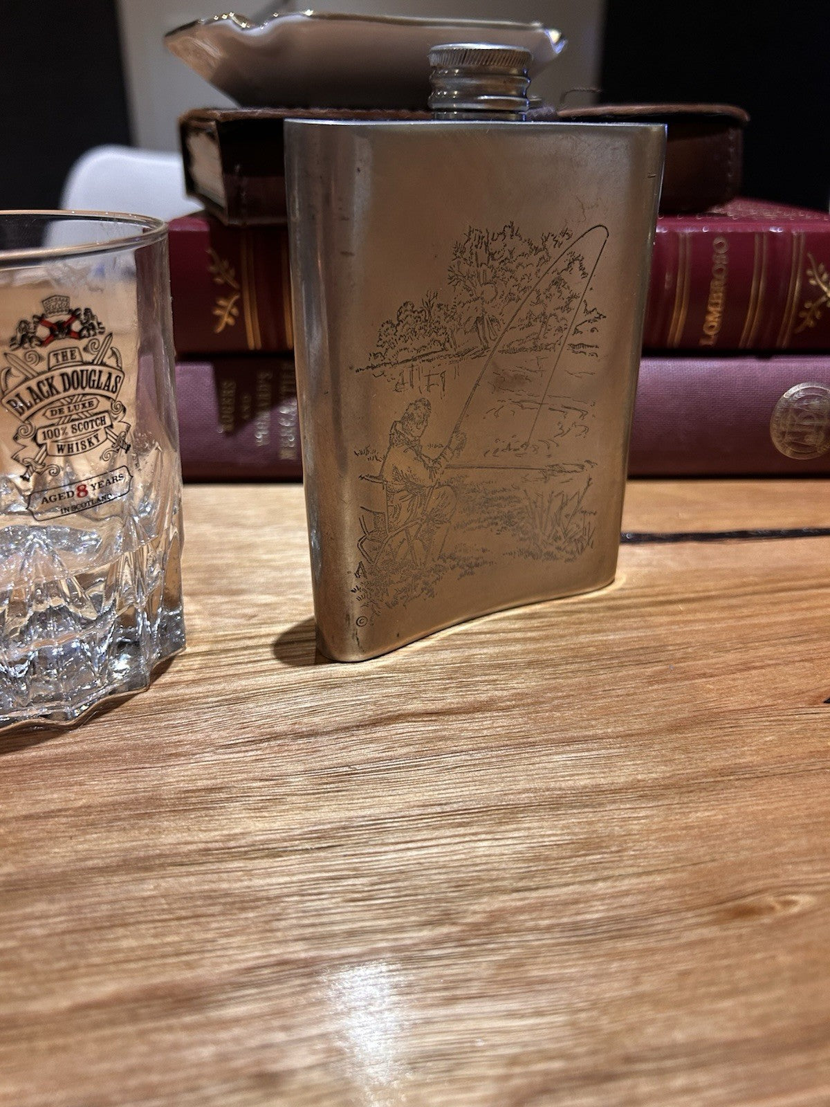  Comoy’s English Pewter 6oz Hip Flask Fishing Scene Sheffield England