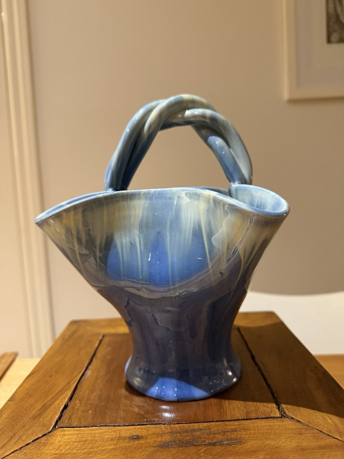 Vintage Remued Australian Pottery Basket Vase Blue Drip Glaze 184-10