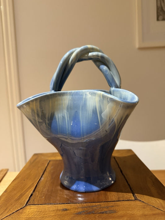 Vintage Remued Australian Pottery Basket Vase Blue Drip Glaze 184-10