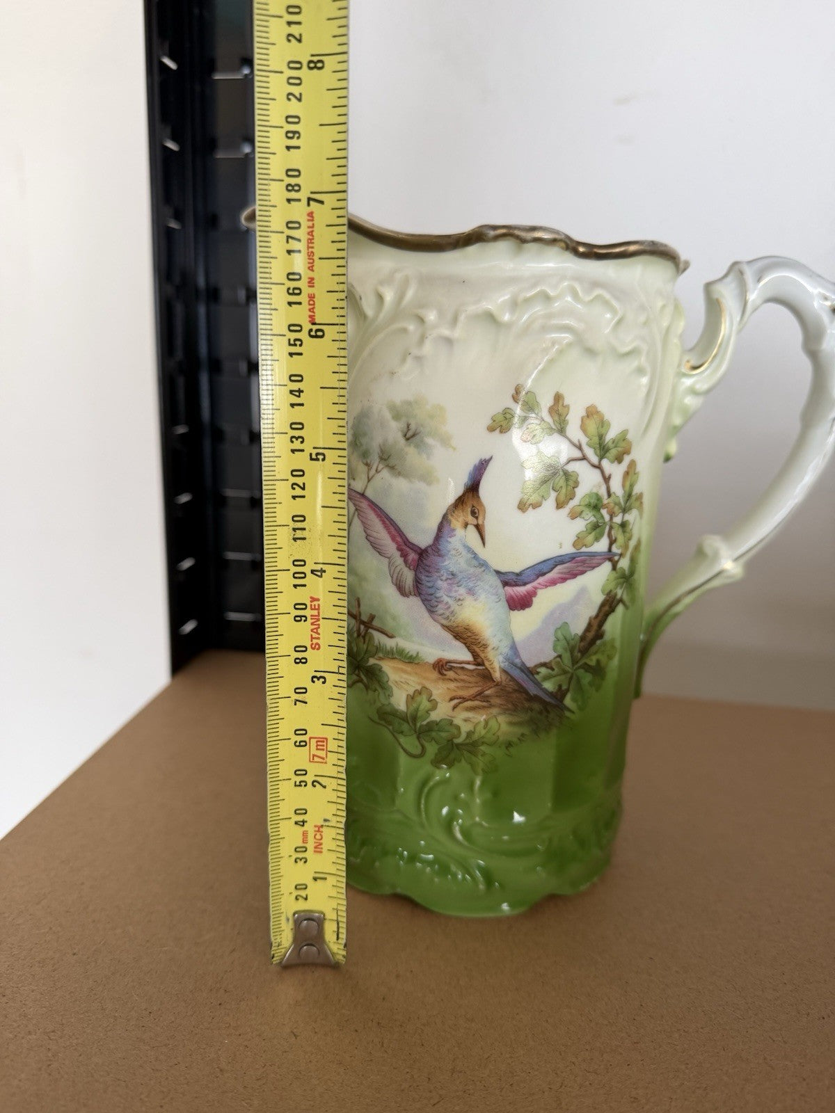 Antique Victorian Green & Cream Porcelain Water Jug Pitcher Bird Transfer Gilt