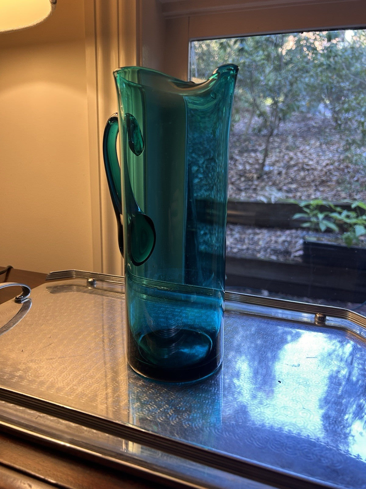 Vintage Scandinavian Teal Art Glass Pitcher 27cm Mid Century c1970 