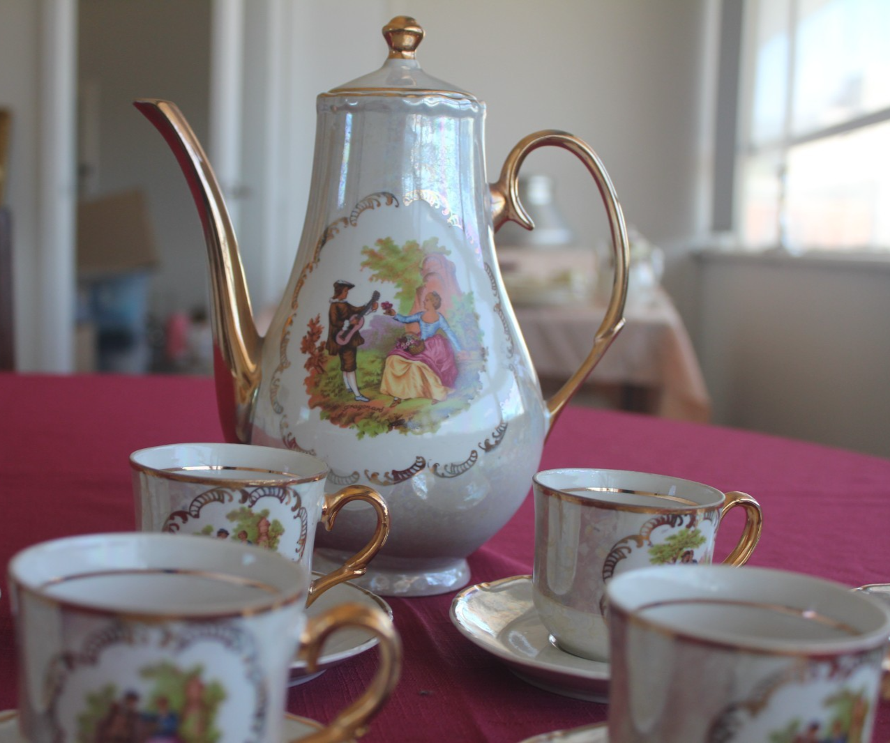 Vintage Nuria Spanish Lustreware Coffee Set – 21pc – Romantic Scenes – c.1950s