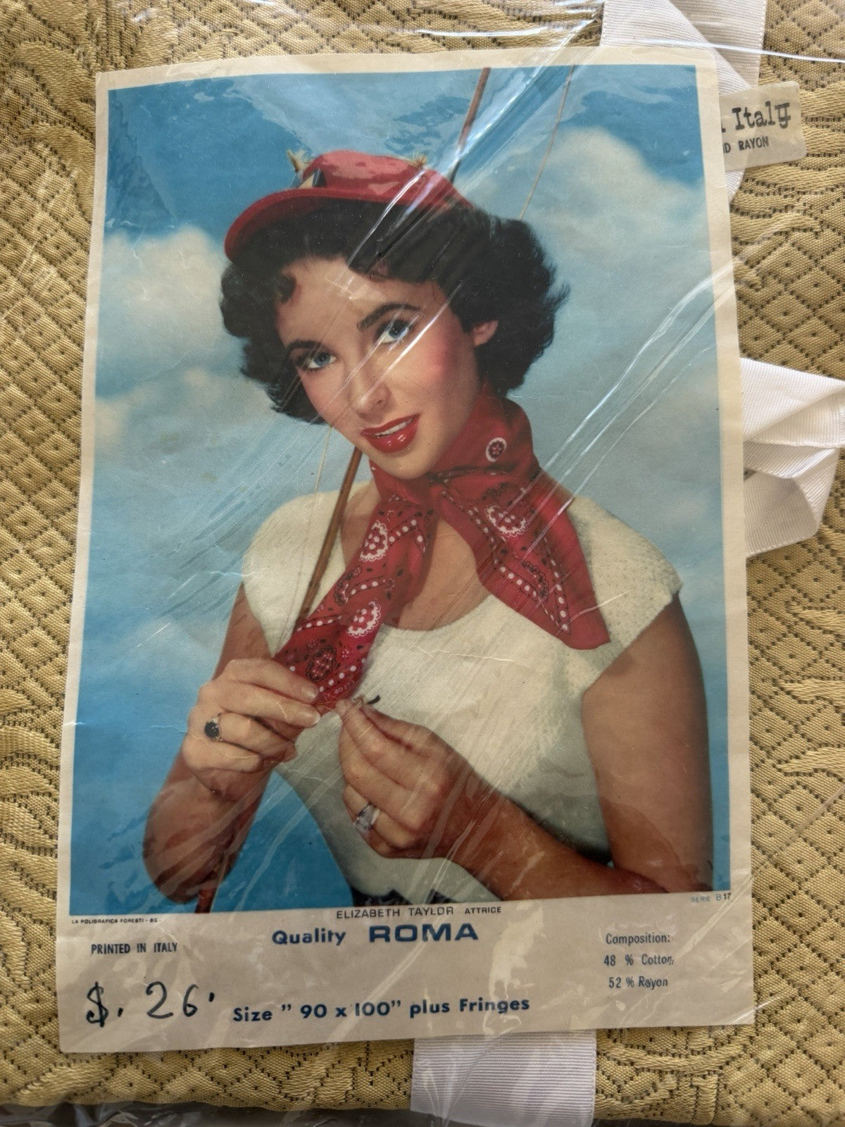 Vintage Elizabeth Taylor Italian Bedspread Roma 1950s 230x240cm NOS