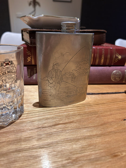  Comoy’s English Pewter 6oz Hip Flask Fishing Scene Sheffield England