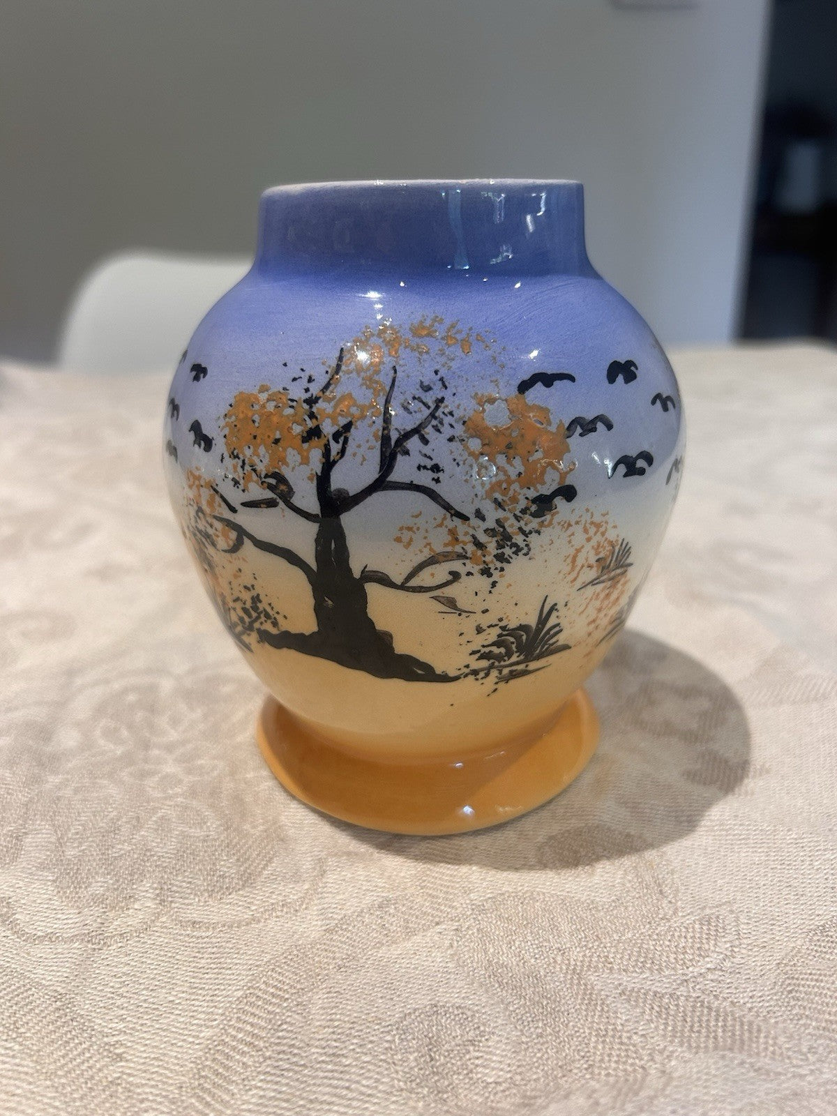 Vintage Hand Painted Scenic Vase Birds Tree Blue Orange Glaze c1960s