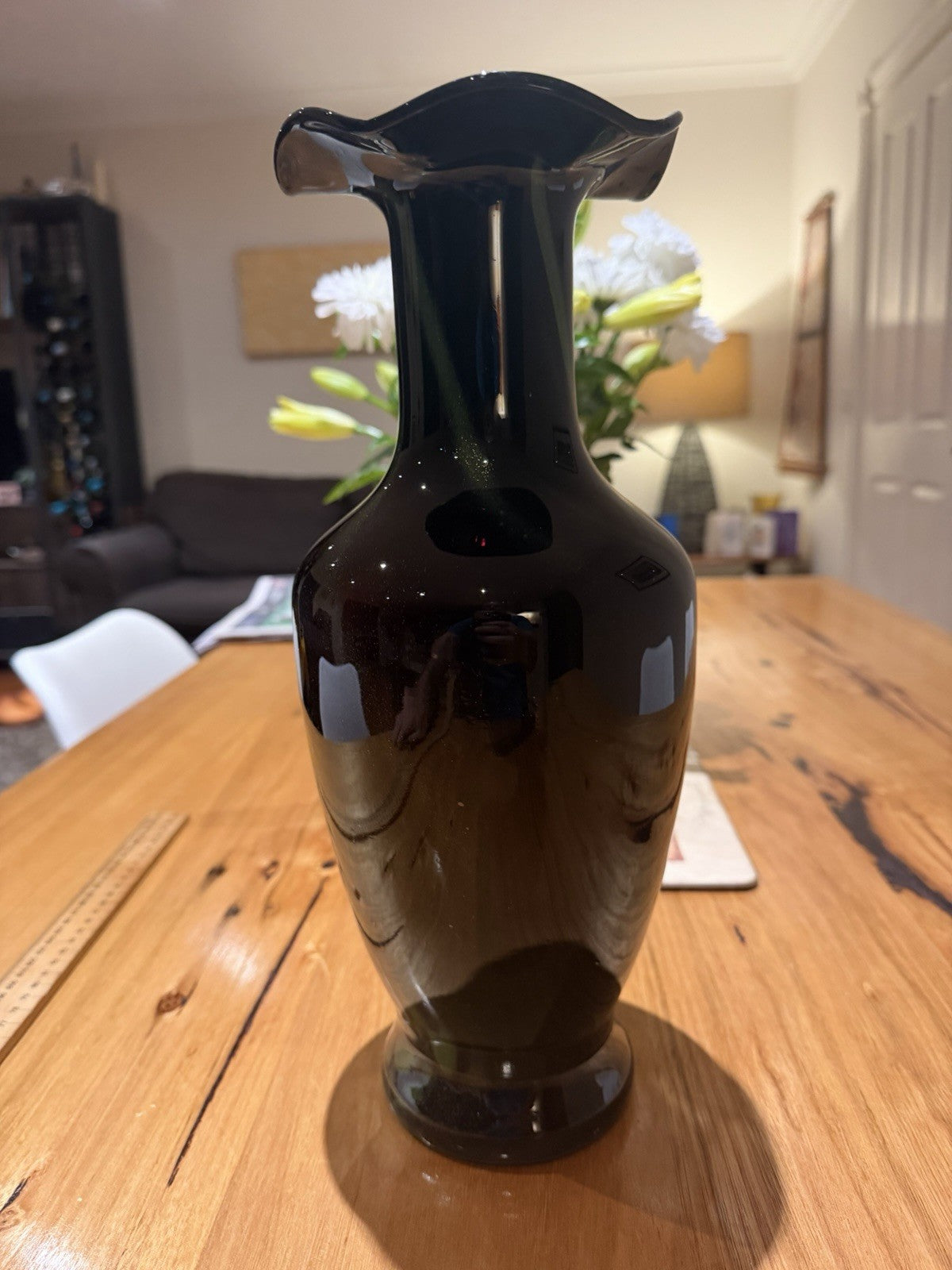Large Black Green Aventurine Art Glass Vase Ruffled Rim 35cm Murano Style