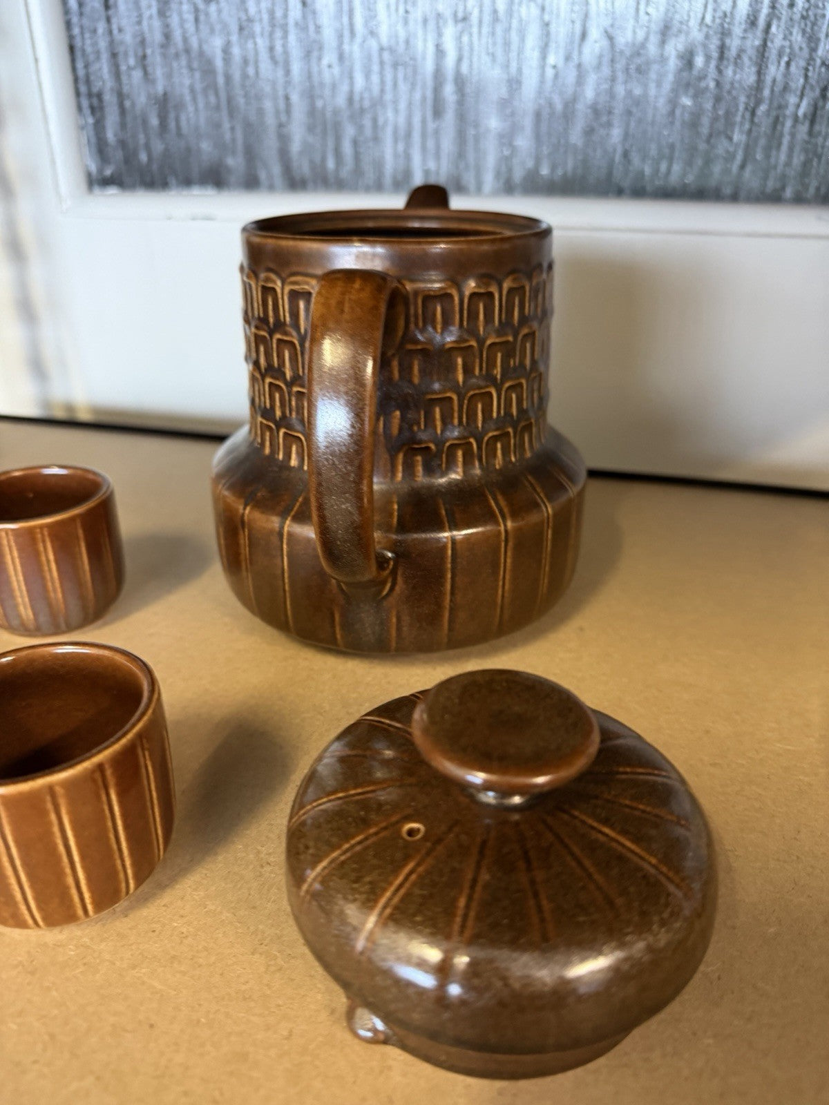 Wedgwood Pennine Espresso Set Pot & 6 Cups Brown Stoneware England c1970s