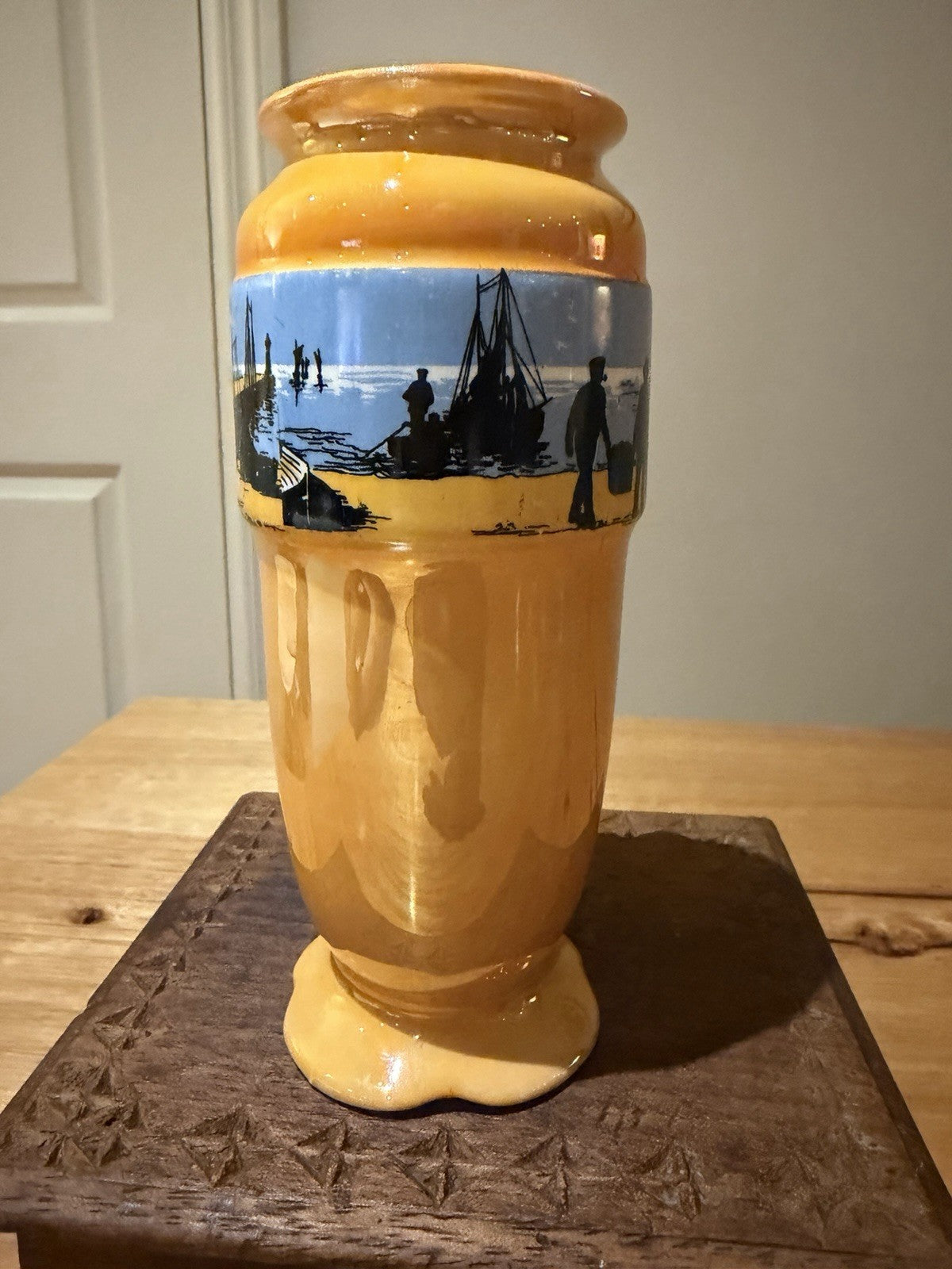 Antique Lancaster & Sons Hanley Footed Orange Lusterware Vase Seaside Fishermen