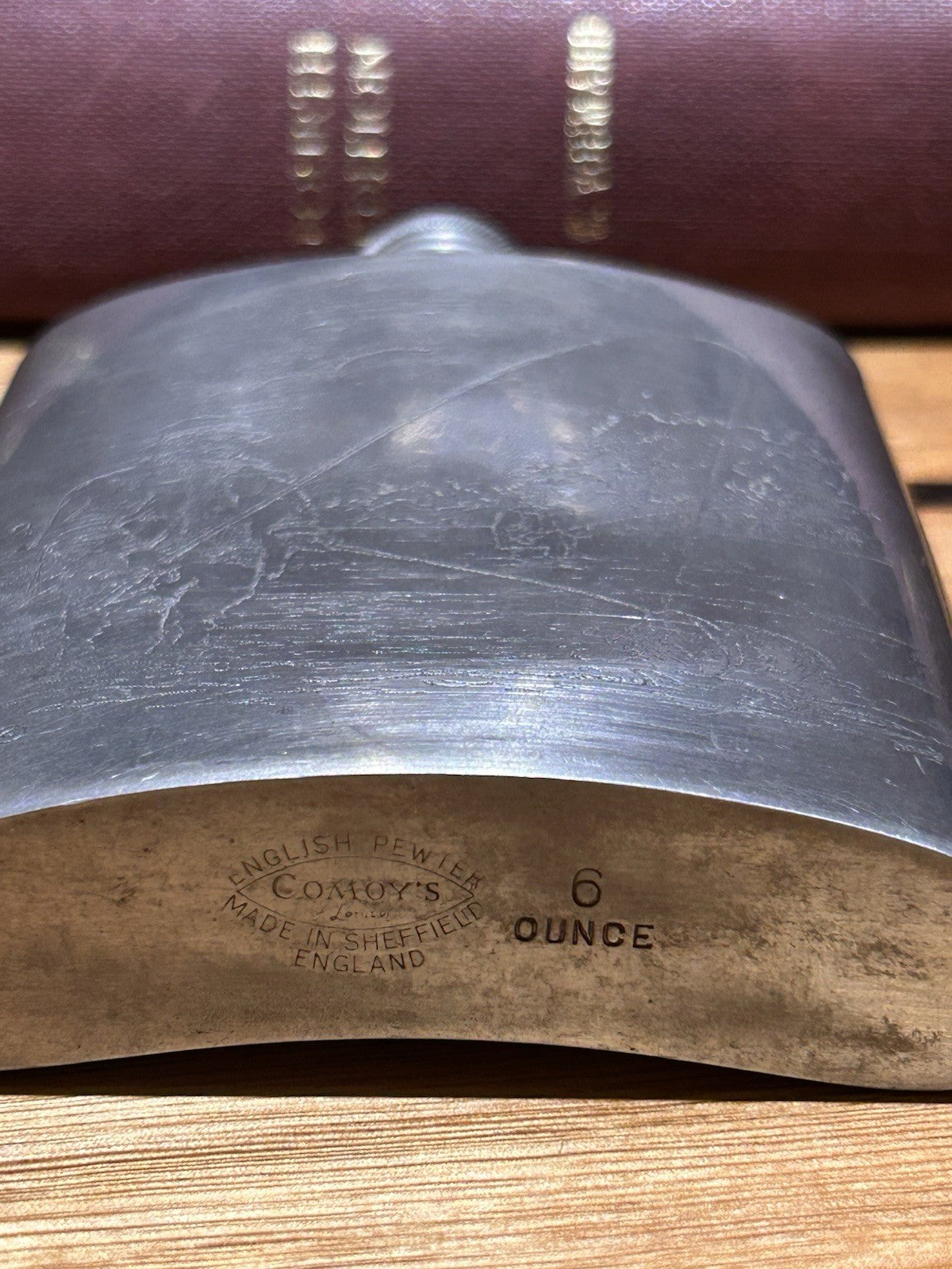  Comoy’s English Pewter 6oz Hip Flask Fishing Scene Sheffield England