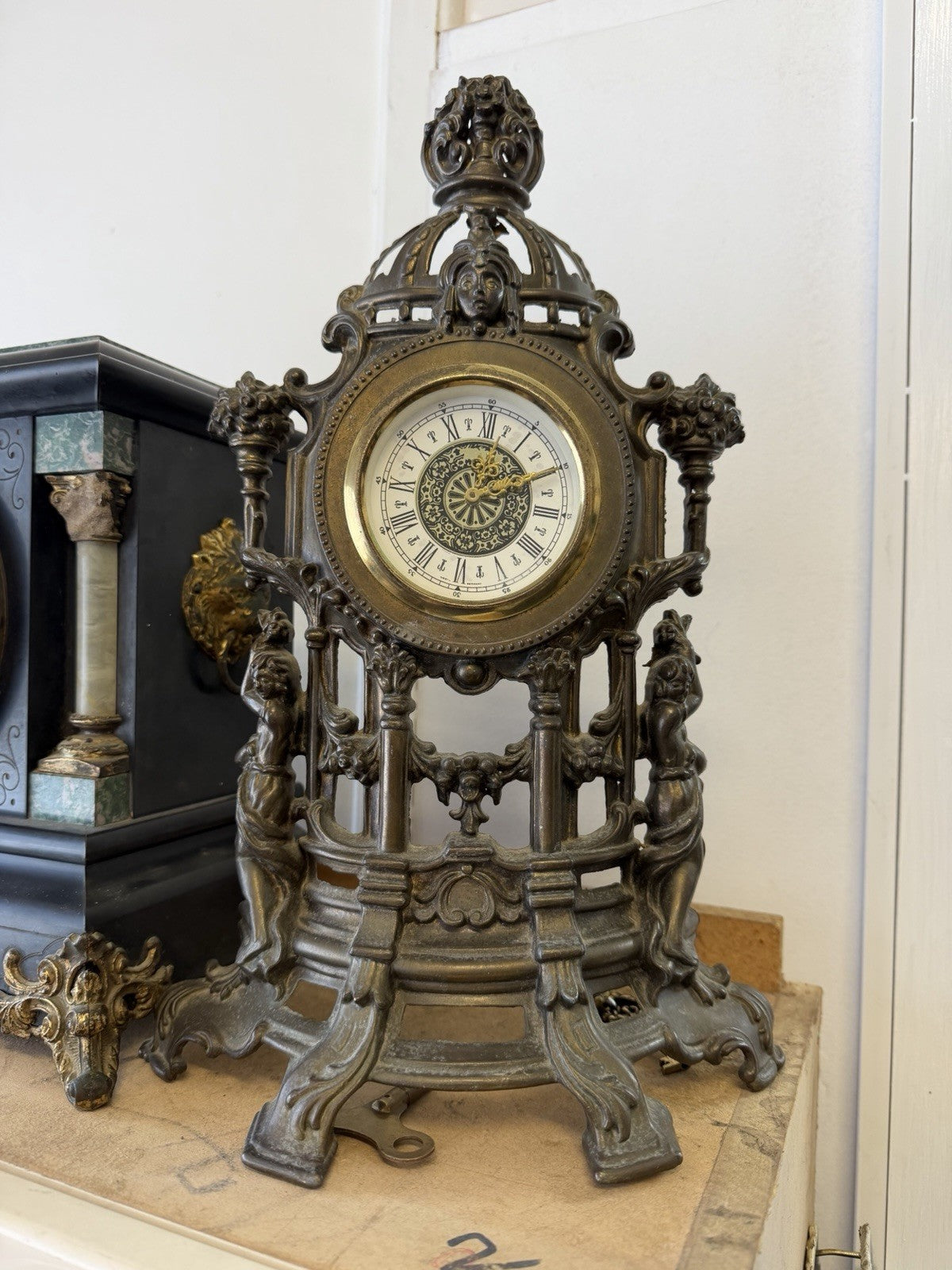 Vintage West Germany Ornate Mantel Clock Mechanical Rococo Baroque Figural