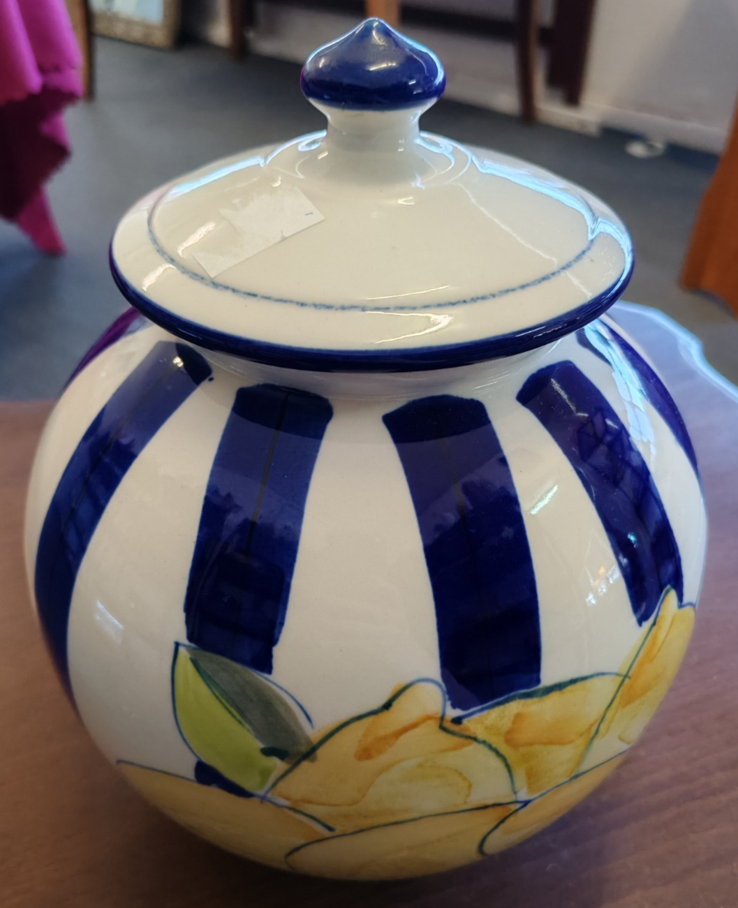 Robert Gordon Lidded Ginger Jar - Blue Stripe Lemon - Australian Pottery