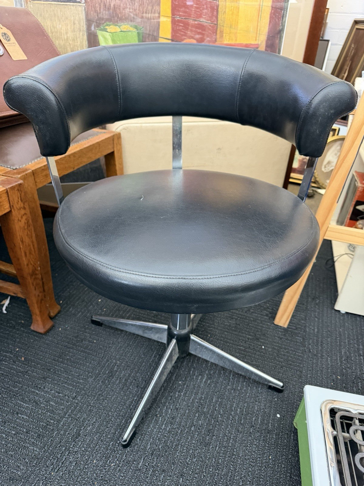 Vintage 1970s Black Swivel Tub Chair Chrome Star Base Retro Mid Century
