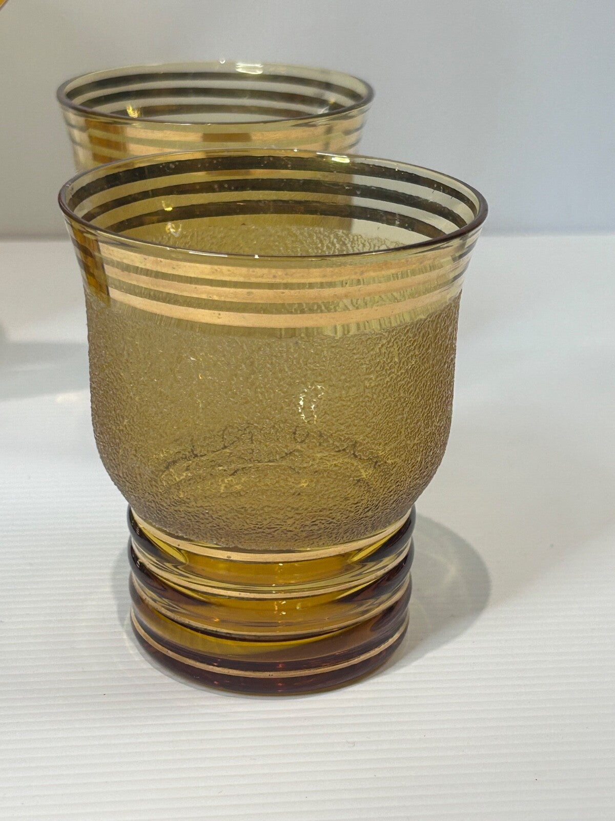 Vintage Amber Glass Lemonade Set – Textured Gold Bands – Jug & 5 Tumblers Retro