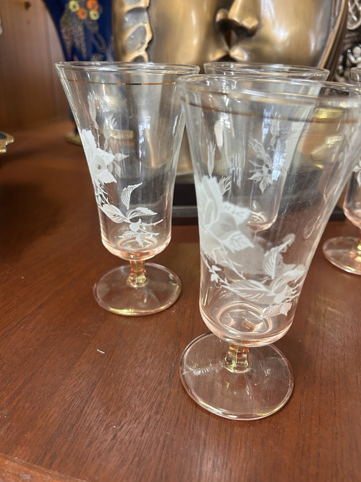 Vintage Etched Rose Glass Goblets Set of 5 Gold Rim Blush Pink Stemware 