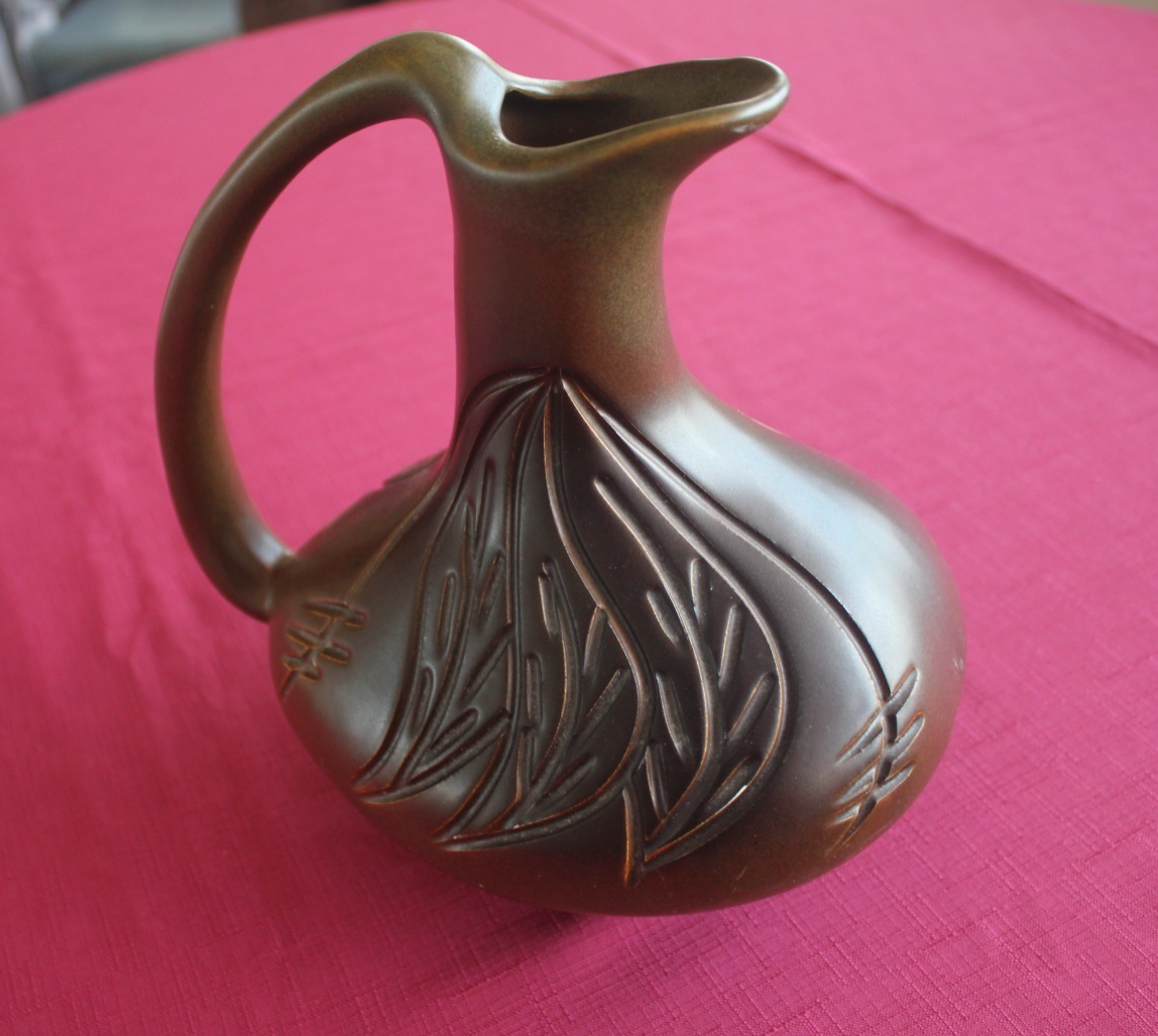 Vintage Studio Pottery Jug – Carved Leaf Motif | Mid-Century Modern