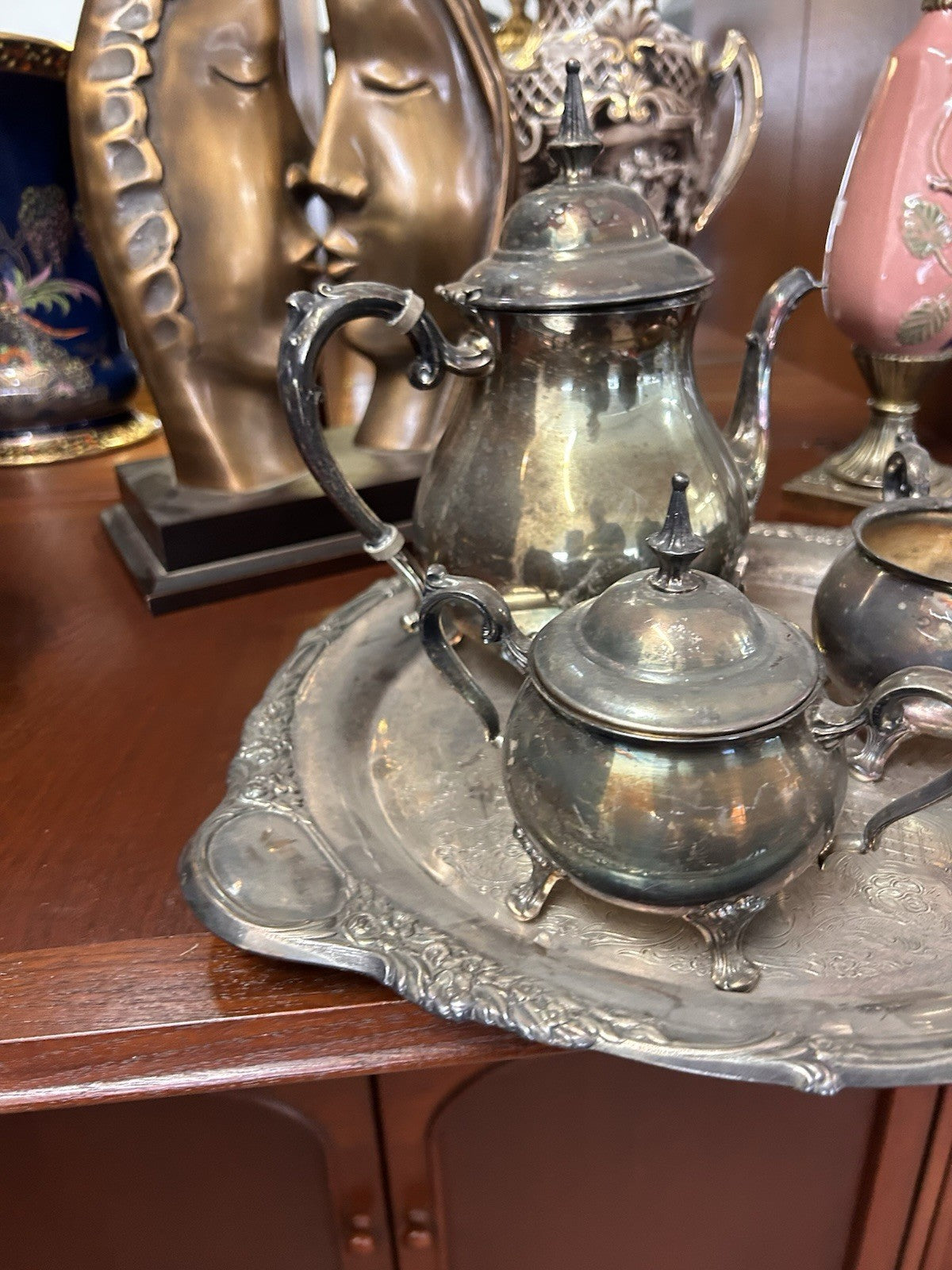 Rodd Silverplate Tea Set w Grosvenor Tray Teapot Sugar Creamer Vintage 
