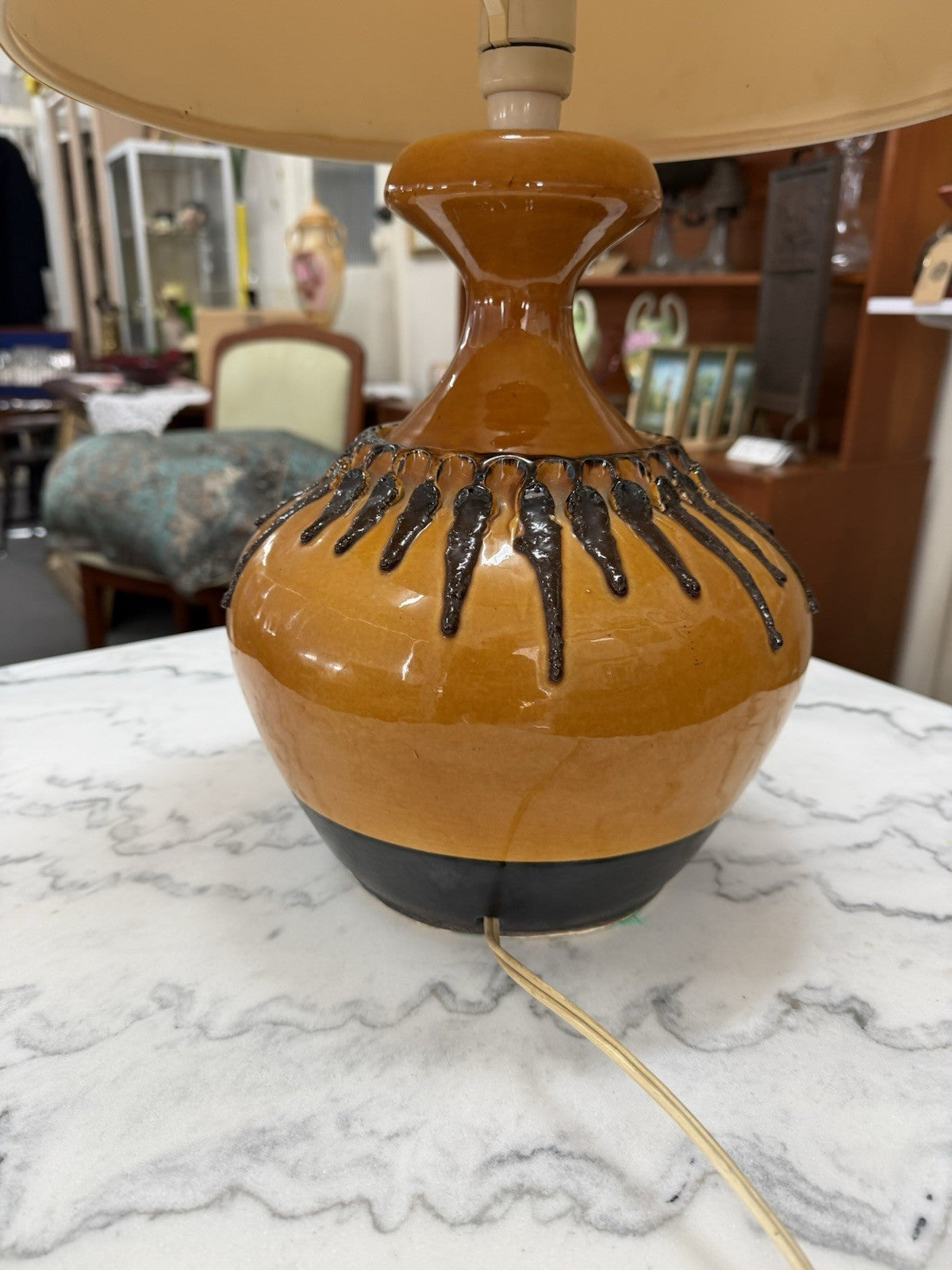 Vintage Large 1970s Ceramic Table Lamp Amber Drip Glaze 87cm Tagged Tested