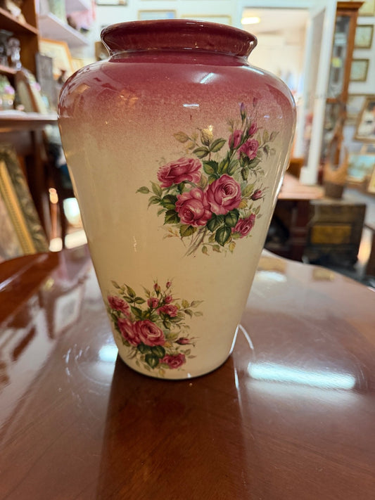 Vintage Ceramic Floral Vase Pink Ombre Roses 26cm Decorative Country Cottage
