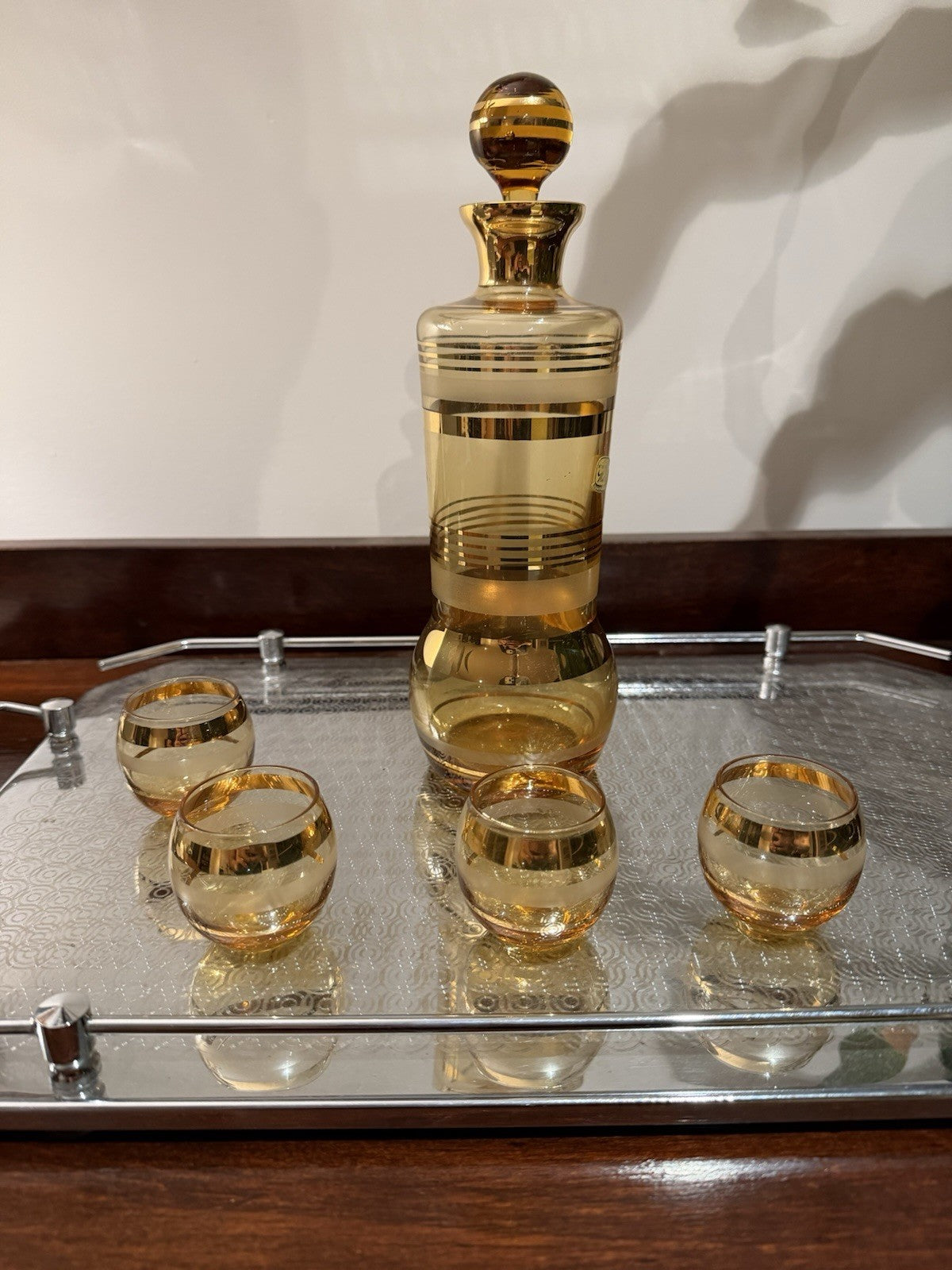Bohemia Glass Amber Decanter Set Czech Glass Gold Band Barware MCM