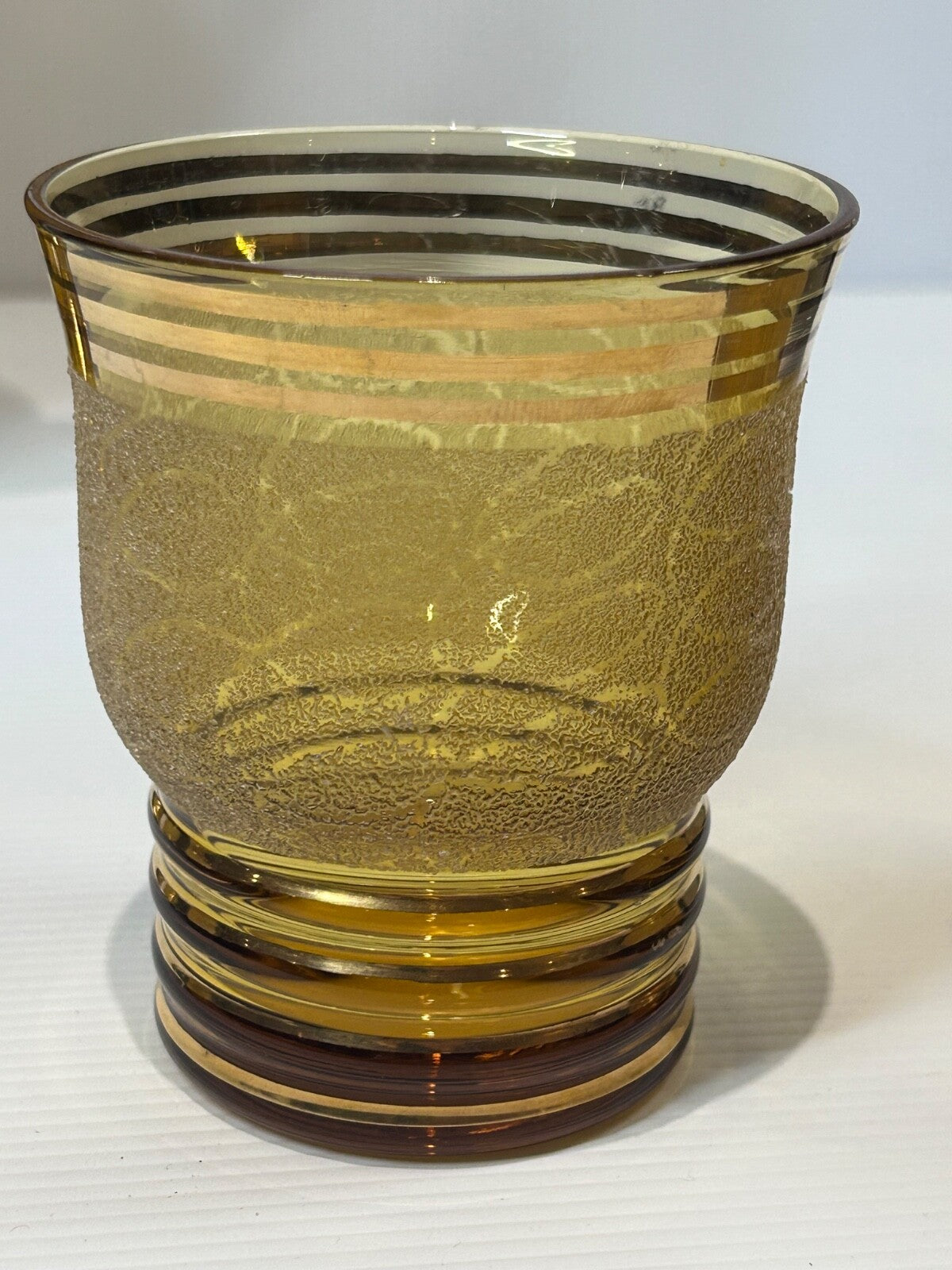 Vintage Amber Glass Lemonade Set – Textured Gold Bands – Jug & 5 Tumblers Retro