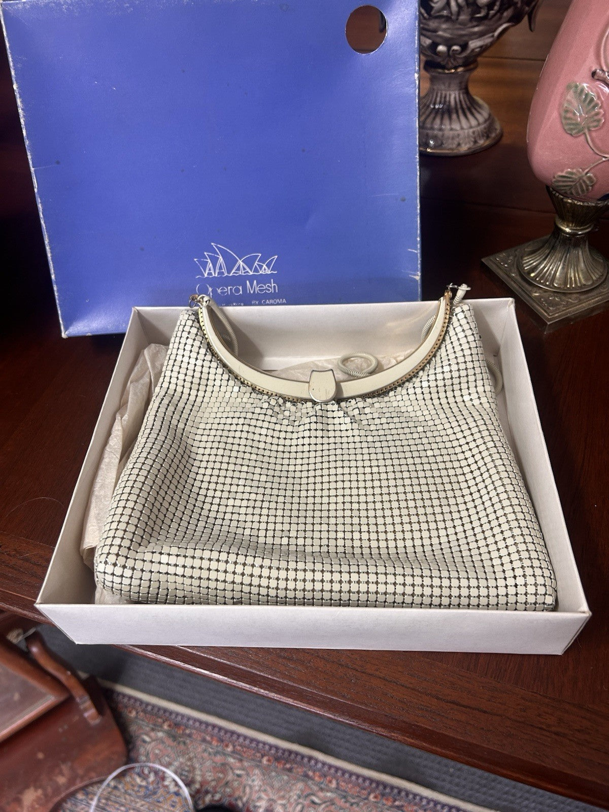 Vintage Opera Mesh by Caroma Evening Bag Cream Metal Mesh Boxed c.1960s
