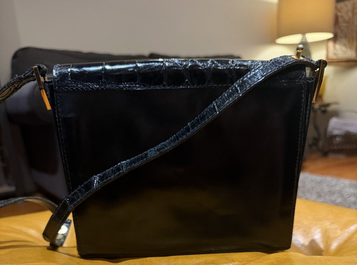 Vintage Lancel Black Leather Crocodile Effect Shoulder Bag Gold Hardware