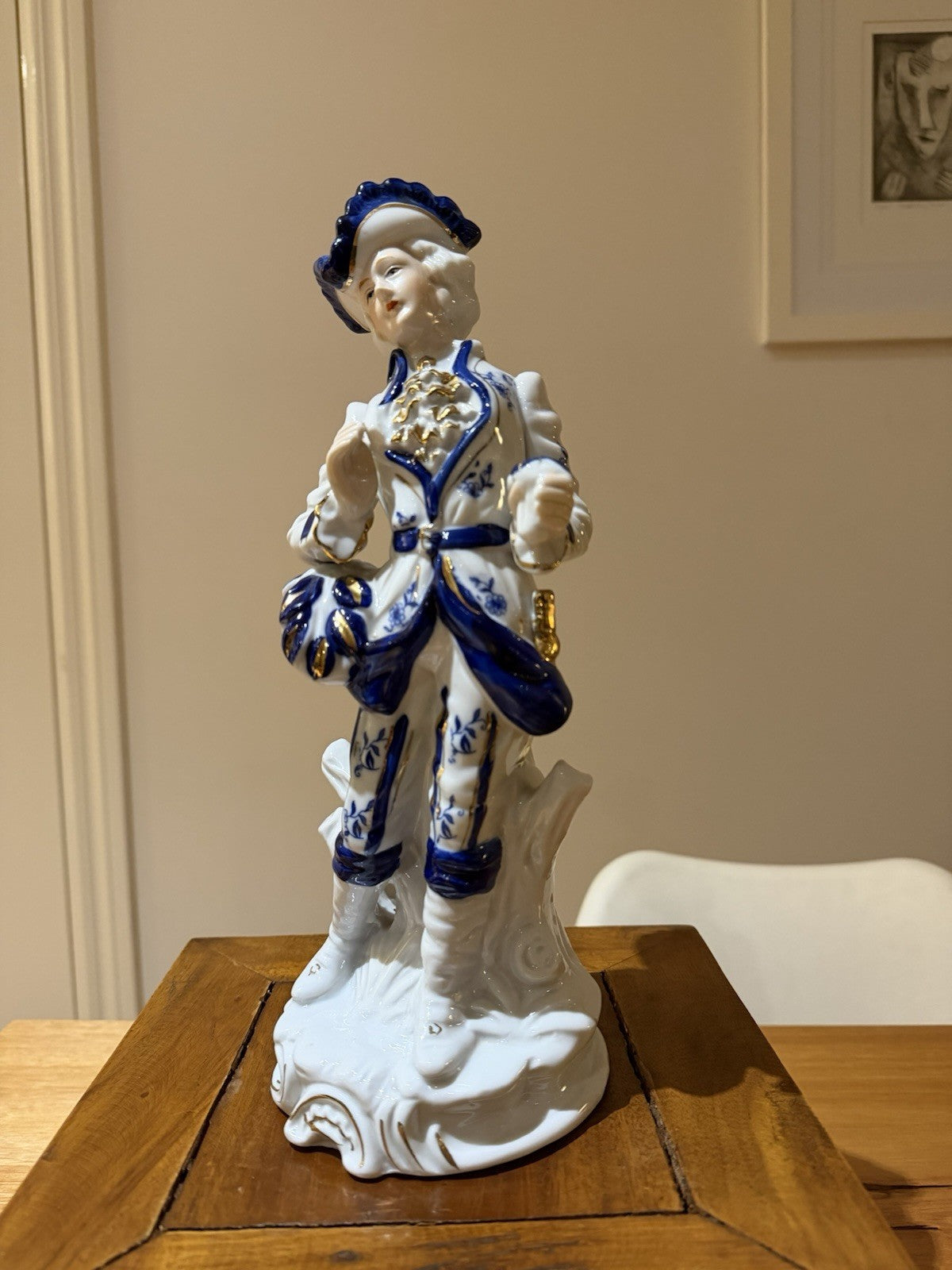 Vintage Porcelain Gentleman Figurine Blue White Gold Rococo Style 28cm