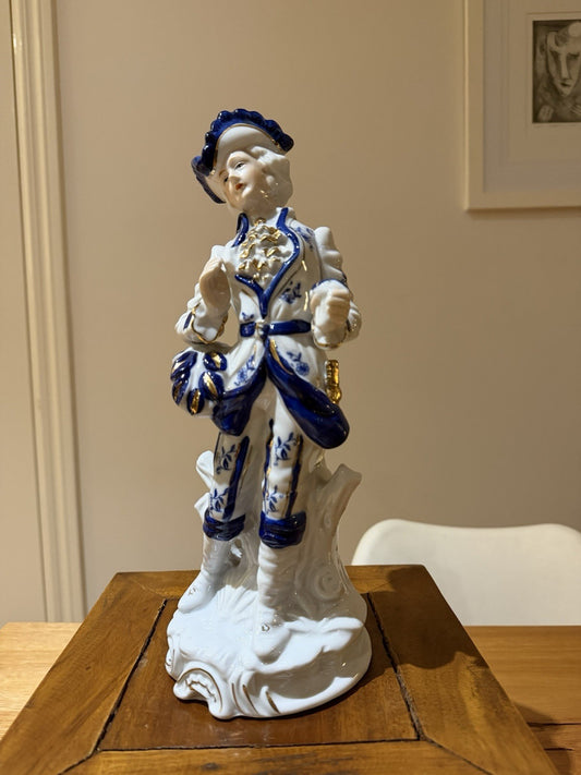 Vintage Porcelain Gentleman Figurine Blue White Gold Rococo Style 28cm