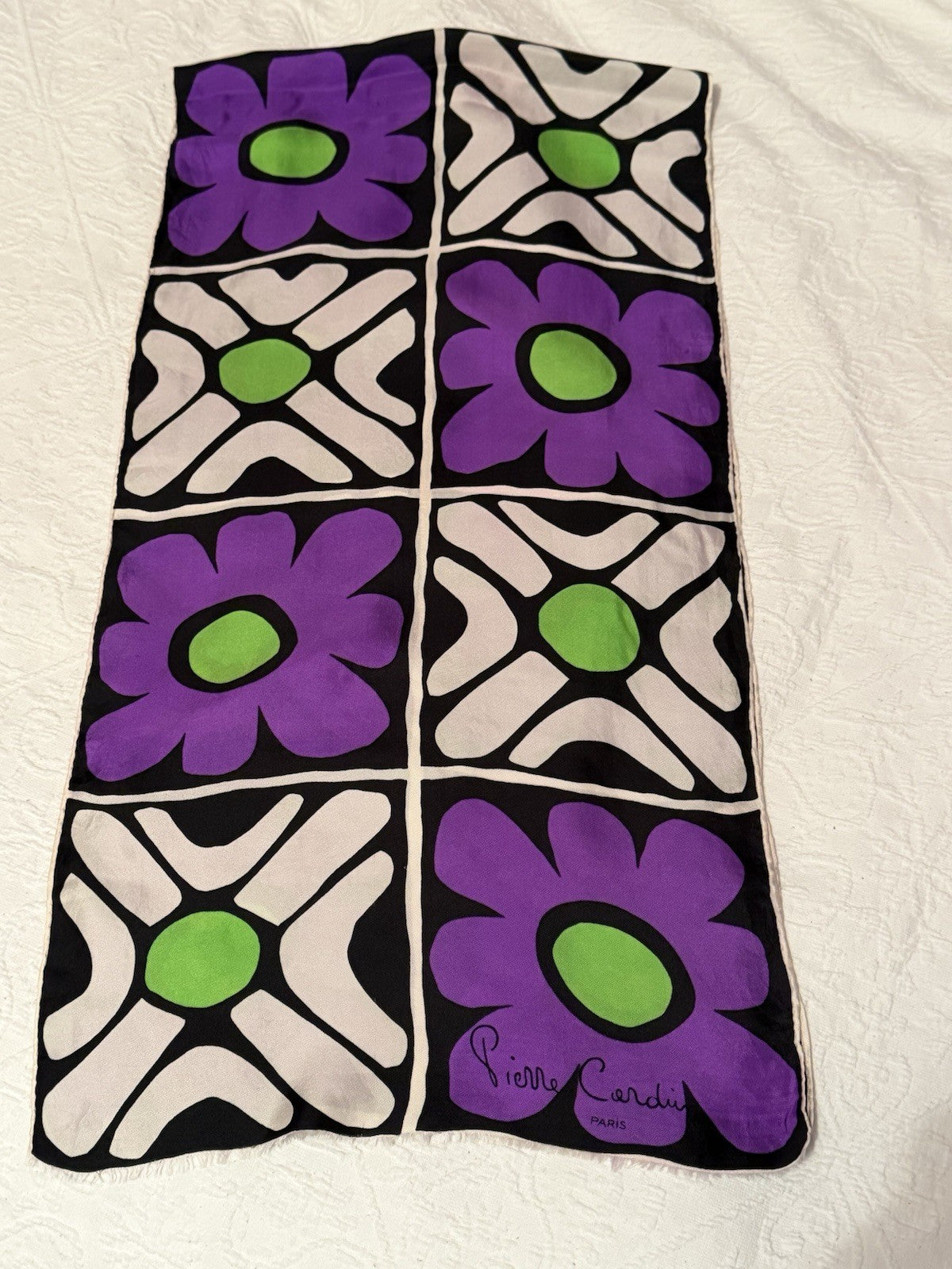Vintage Pierre Cardin Paris Long Silk Scarf 1970s Mod Floral Purple Green Retro