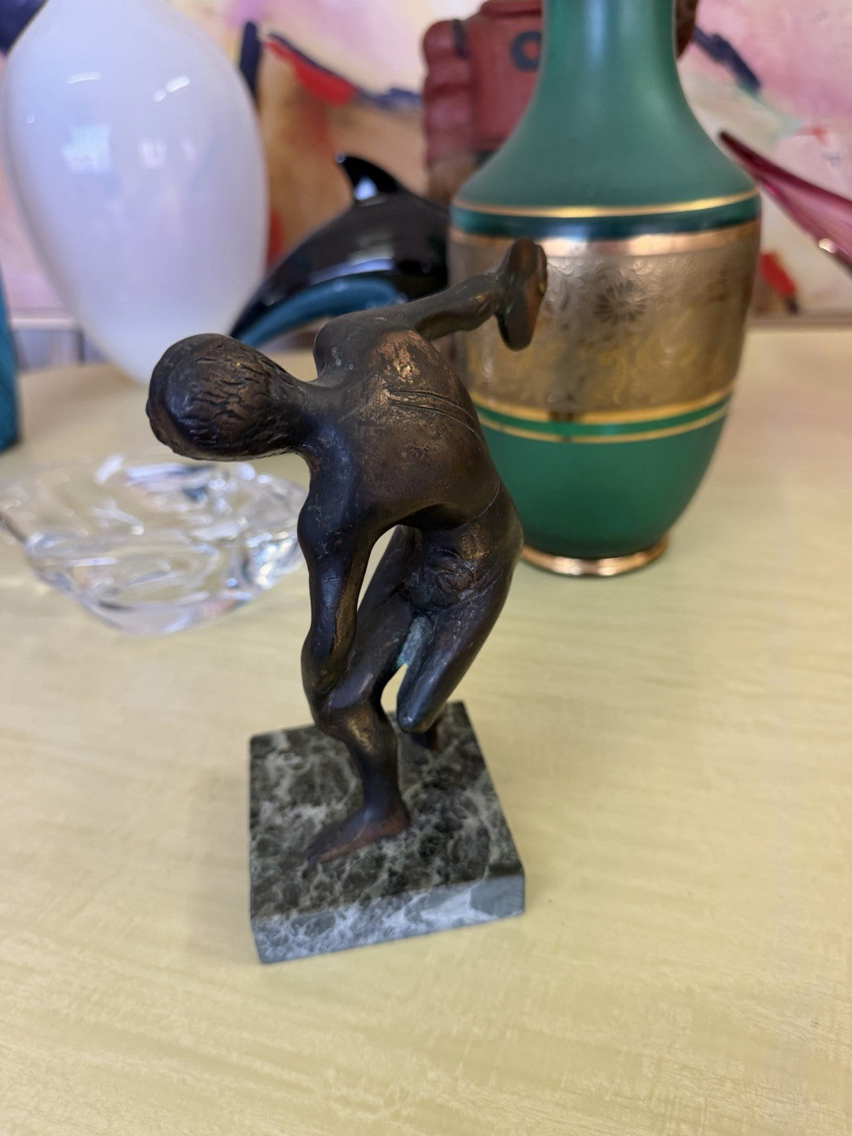 Vintage Bronze Discus Thrower Athlete Sculpture Marble Base Classical Figure