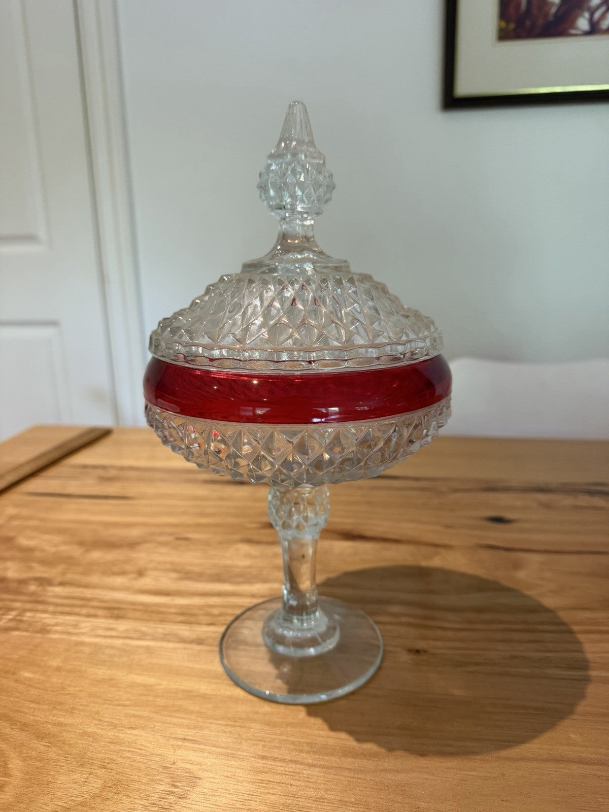 Vintage Indiana Glass Ruby Red Diamond Point Lidded Pedestal Candy Dish USA