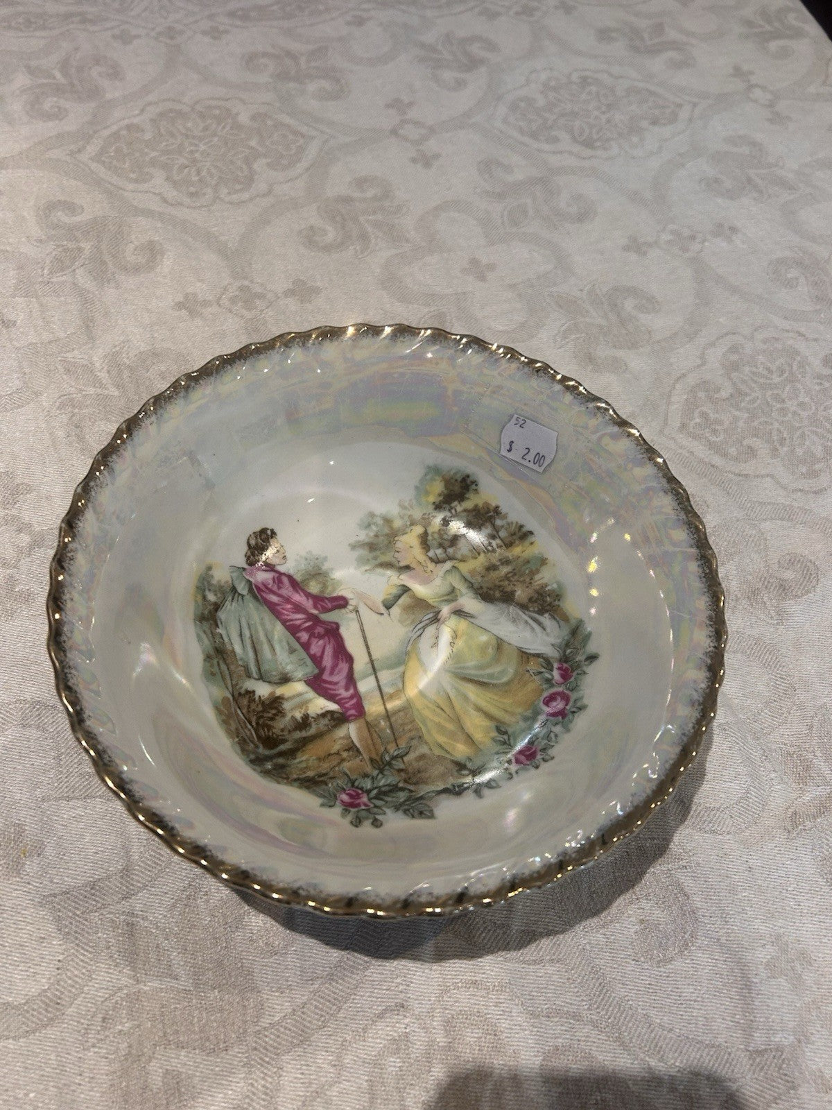 Vintage German Lustreware Bowl B.S.A. Bavaria Romantic Scene Gilt Rim 20cm