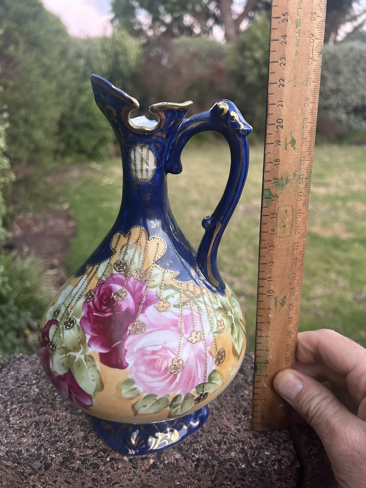 Detailed Japanese Gilded Hand Painted Blue Pitcher - 23 Cm Tall