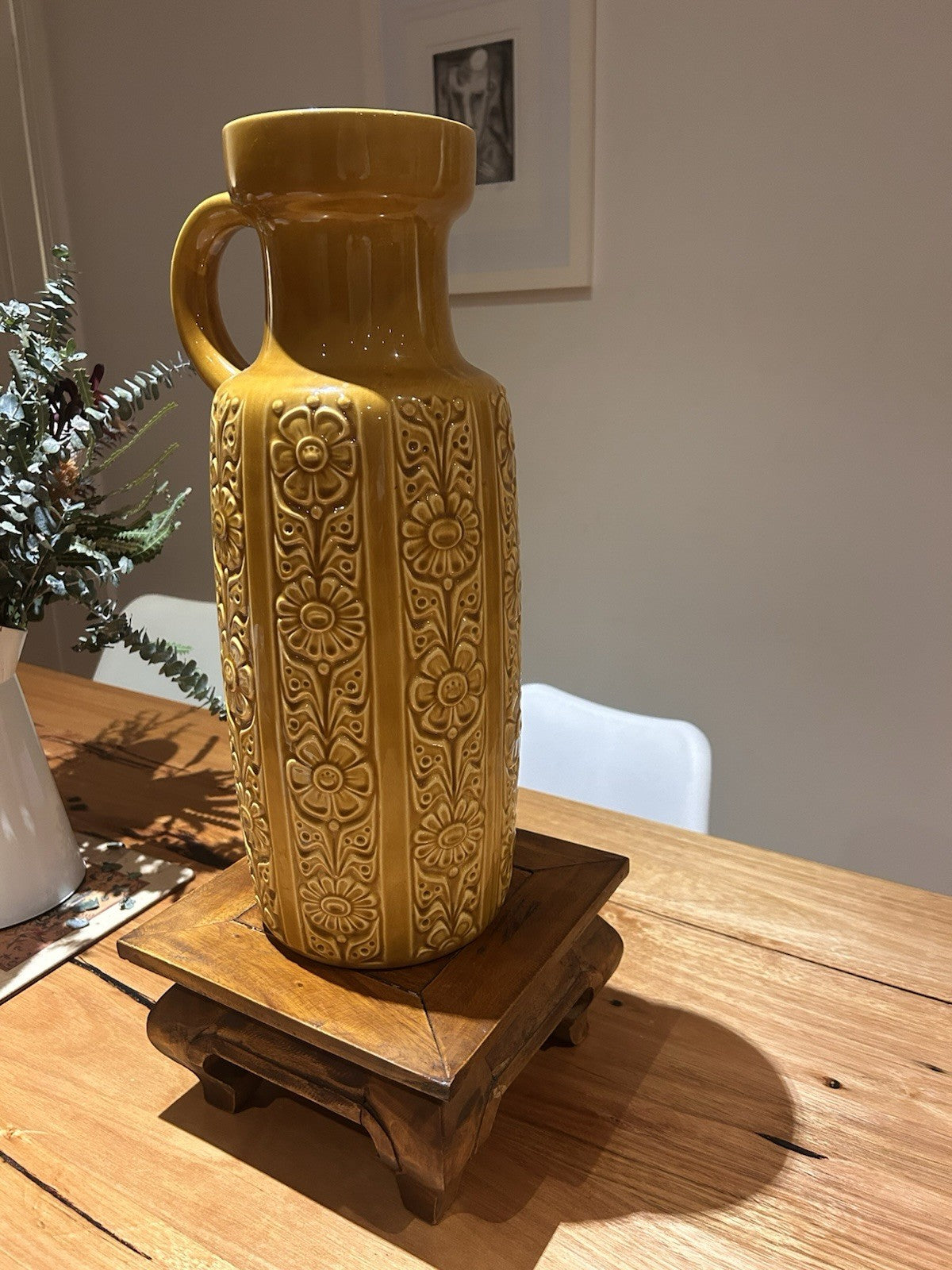 Large 1970s West German Pottery Jug 480-46 Mustard Relief Fat Lava Statement