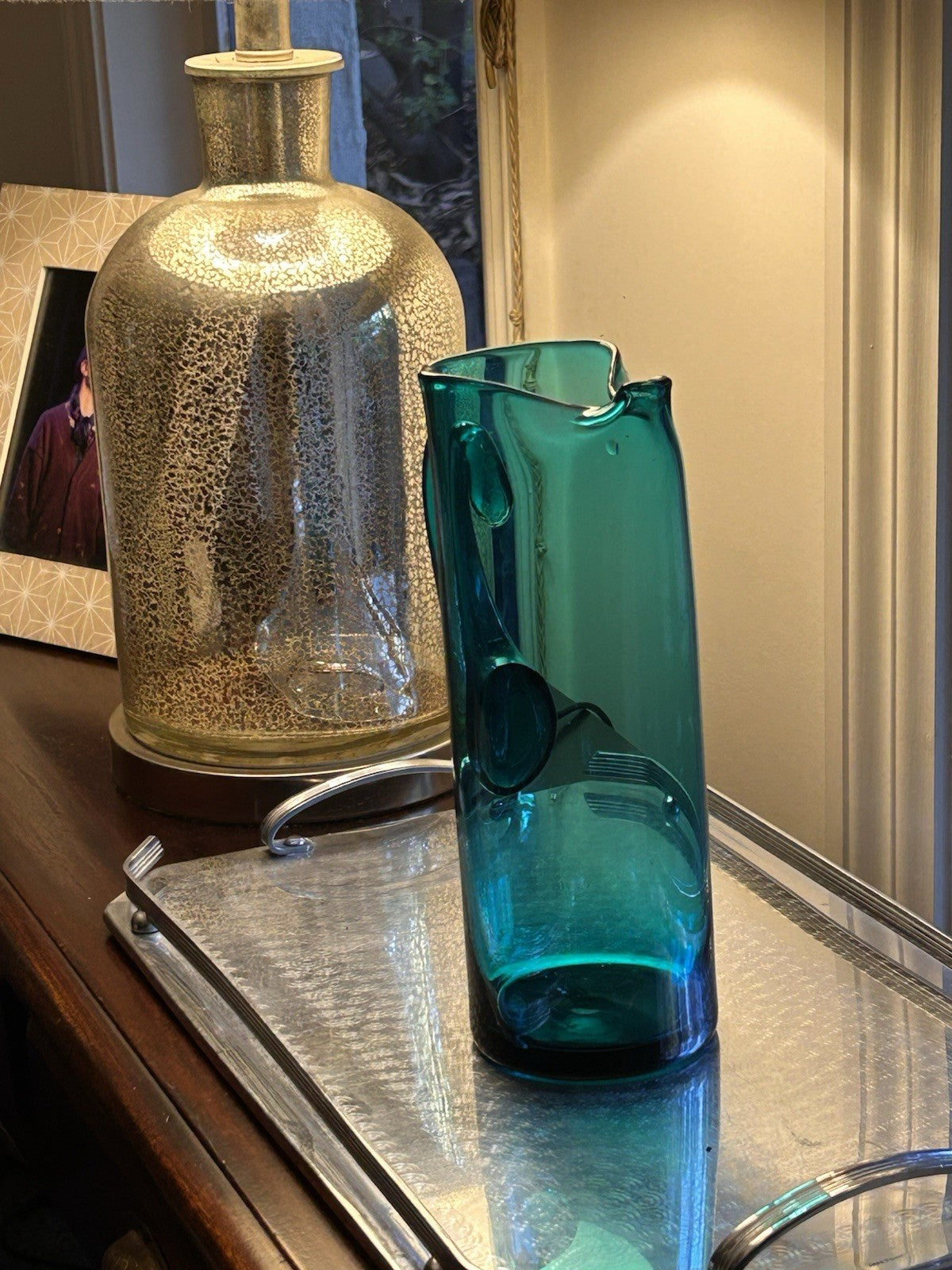 Vintage Scandinavian Teal Art Glass Pitcher 27cm Mid Century c1970 