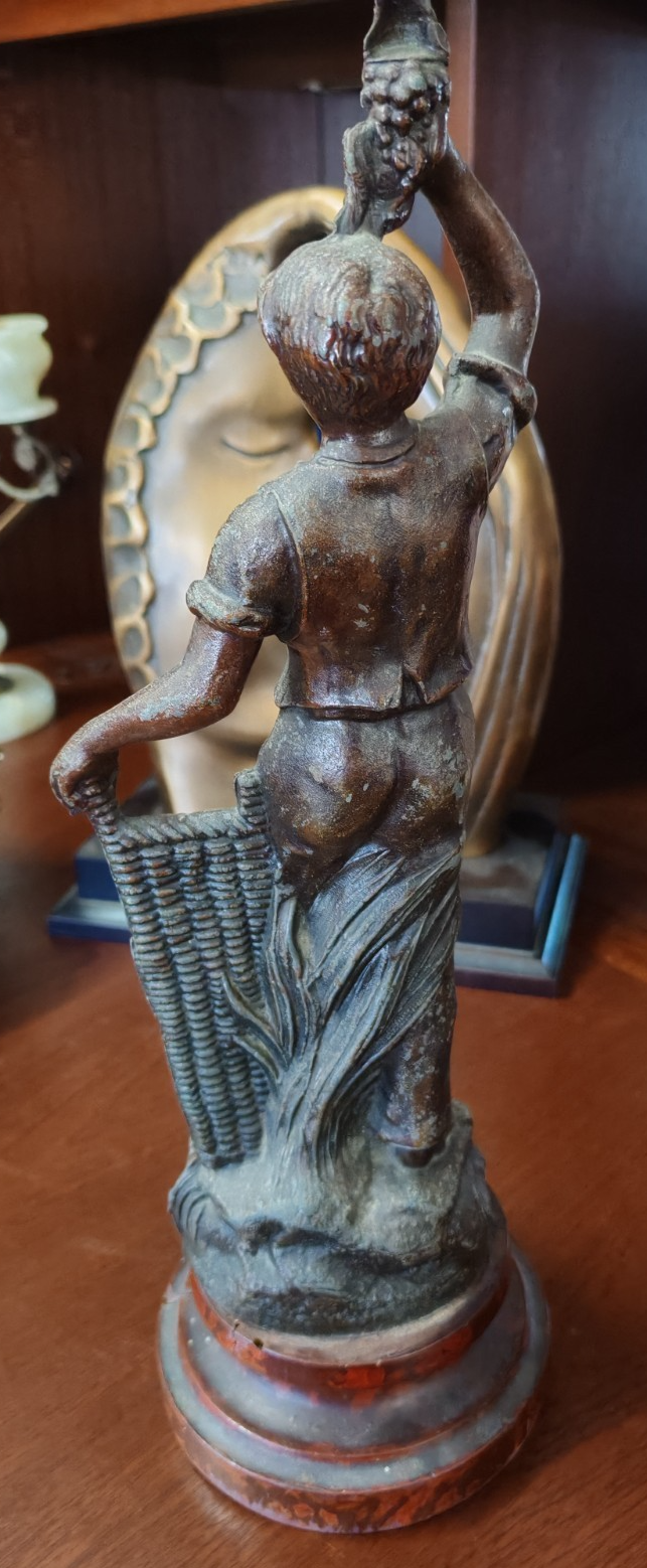 Vintage Figural Spelter Statue – Young Grape Harvester on Marble Base