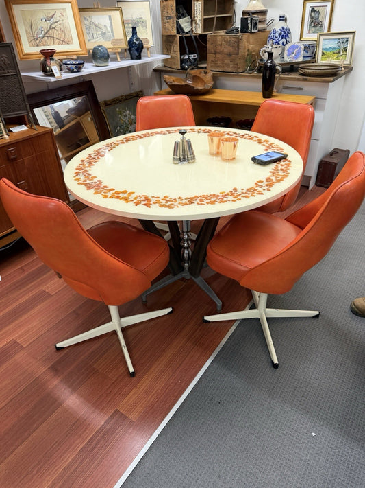 1970s Resin Floral Round Dining Table & 4 Orange Swivel Chairs Retro Vintage