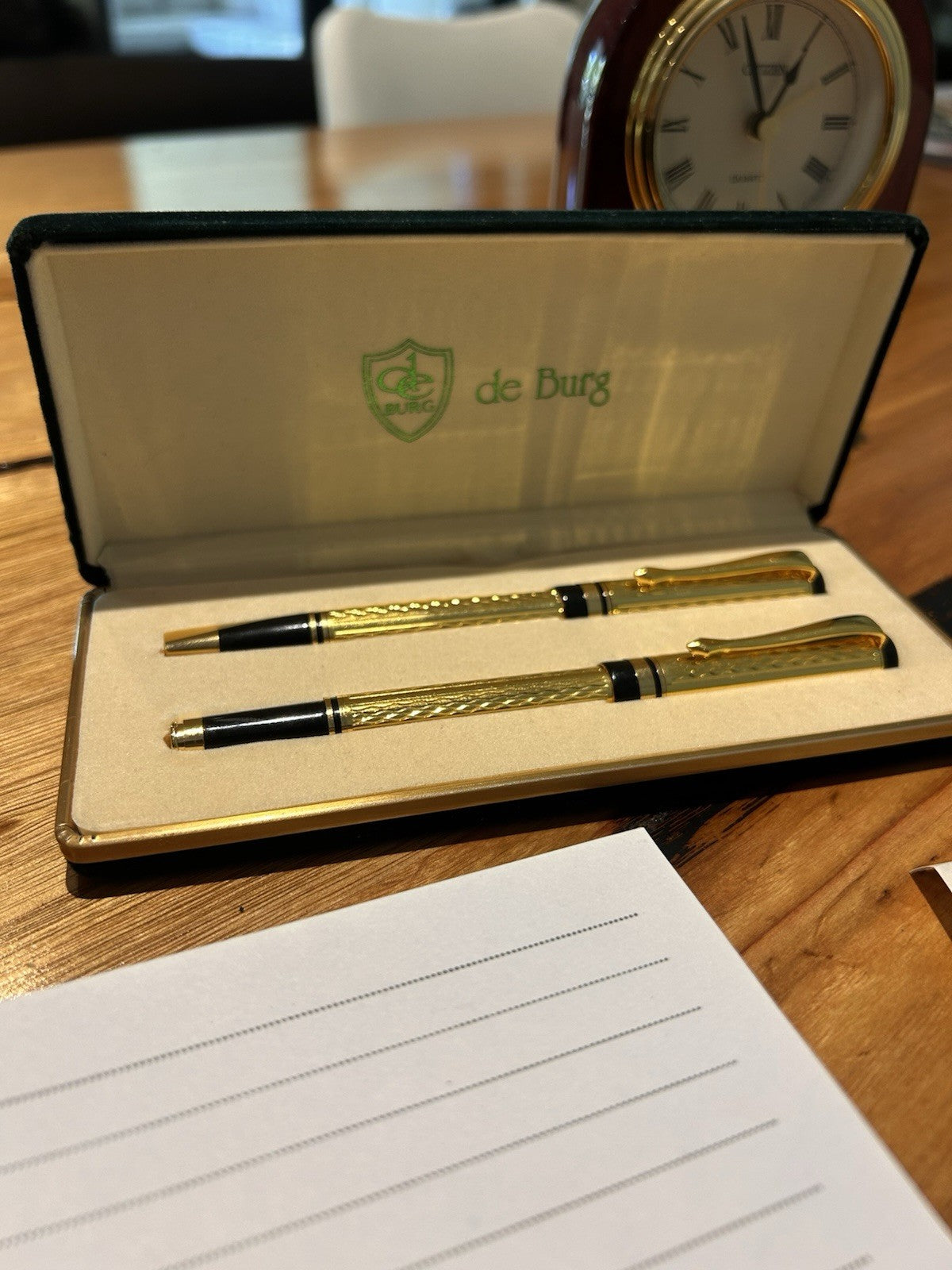 Vintage de Burg Gold Tone Ballpoint Pen Set Boxed With Warranty Card