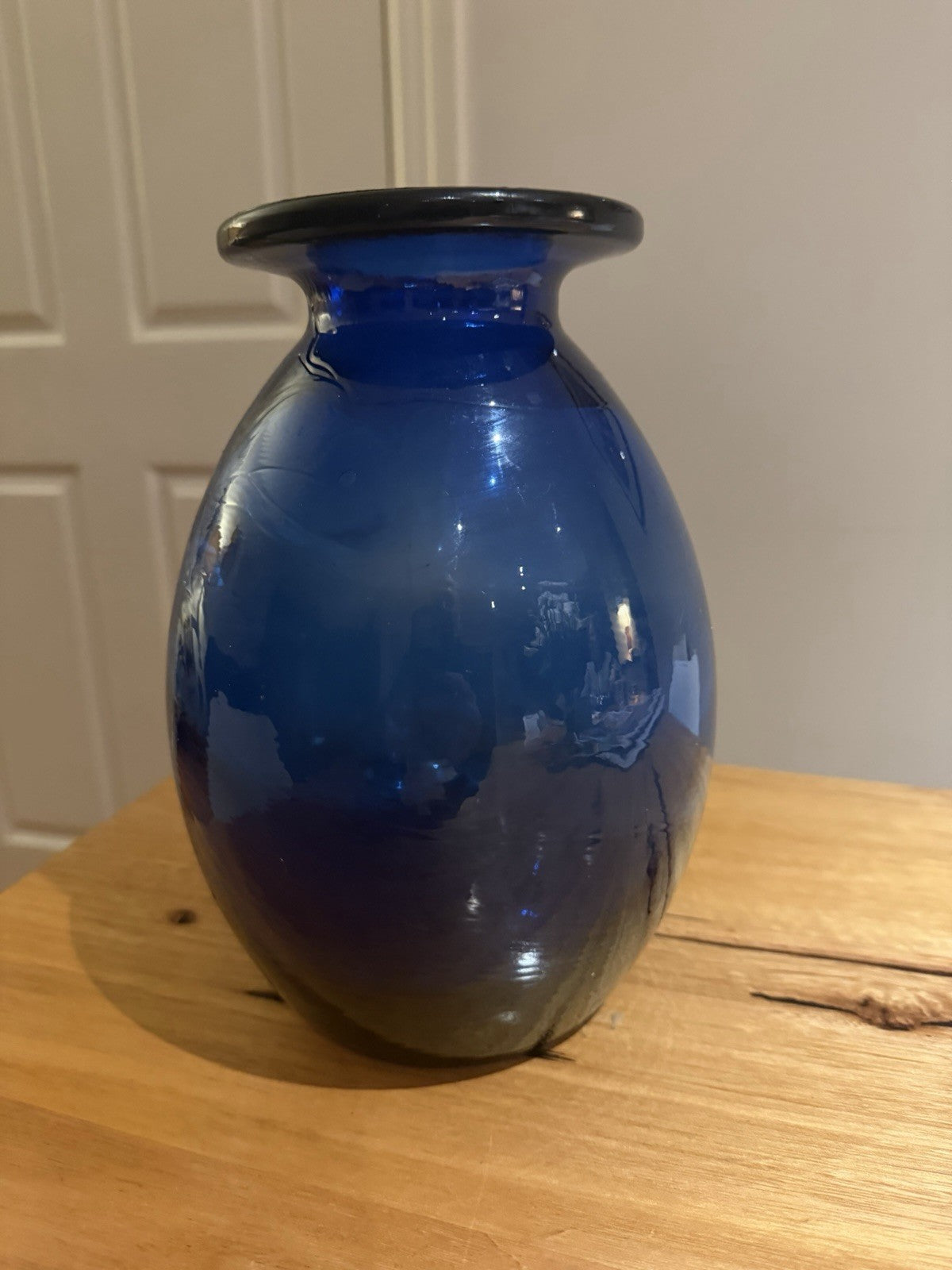 Vintage Cobalt Blue Hand Blown Art Glass Vase Heavy 2.54kg 25cm Rolled Rim