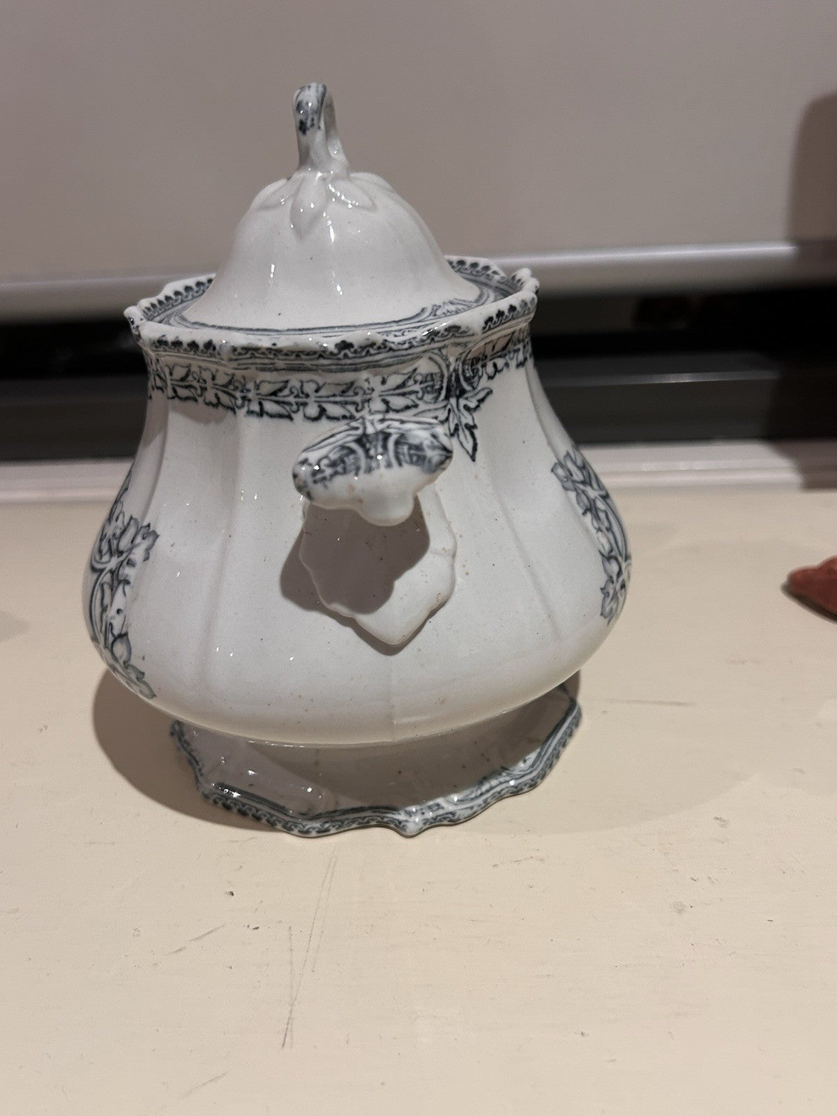 Antique French Blue & White Faience Sugar Bowl w Lid c1900 Ironstone 