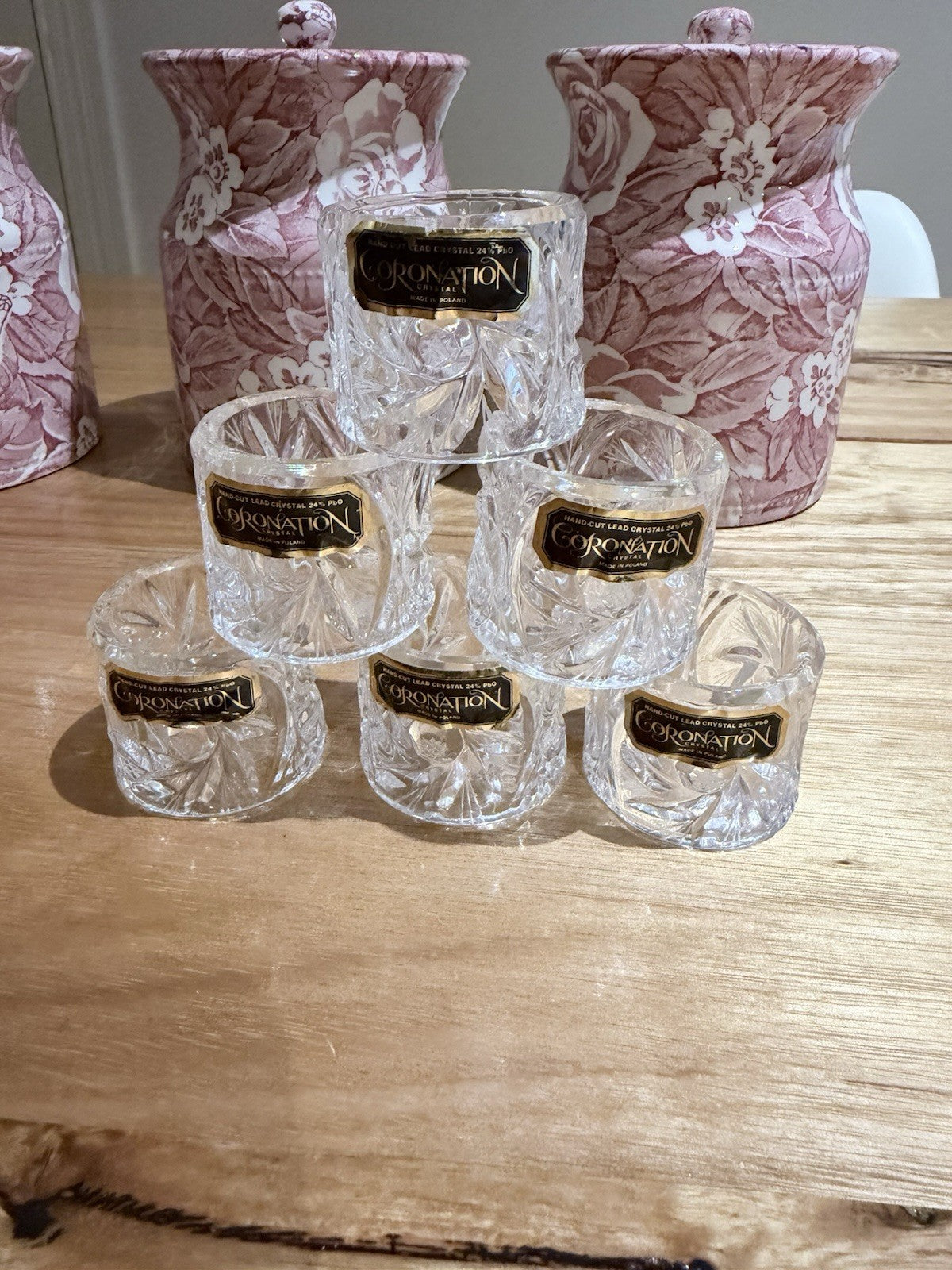 Coronation Crystal Napkin Rings Set 6 Lead Crystal 24% PbO Poland