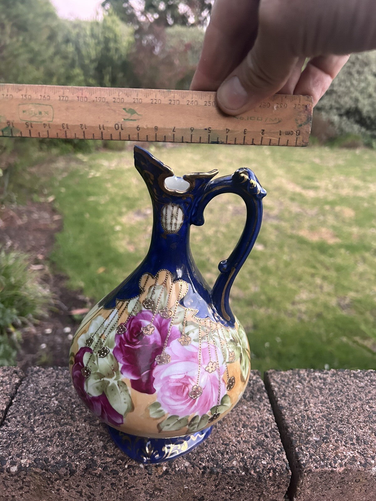 Detailed Japanese Gilded Hand Painted Blue Pitcher - 23 Cm Tall