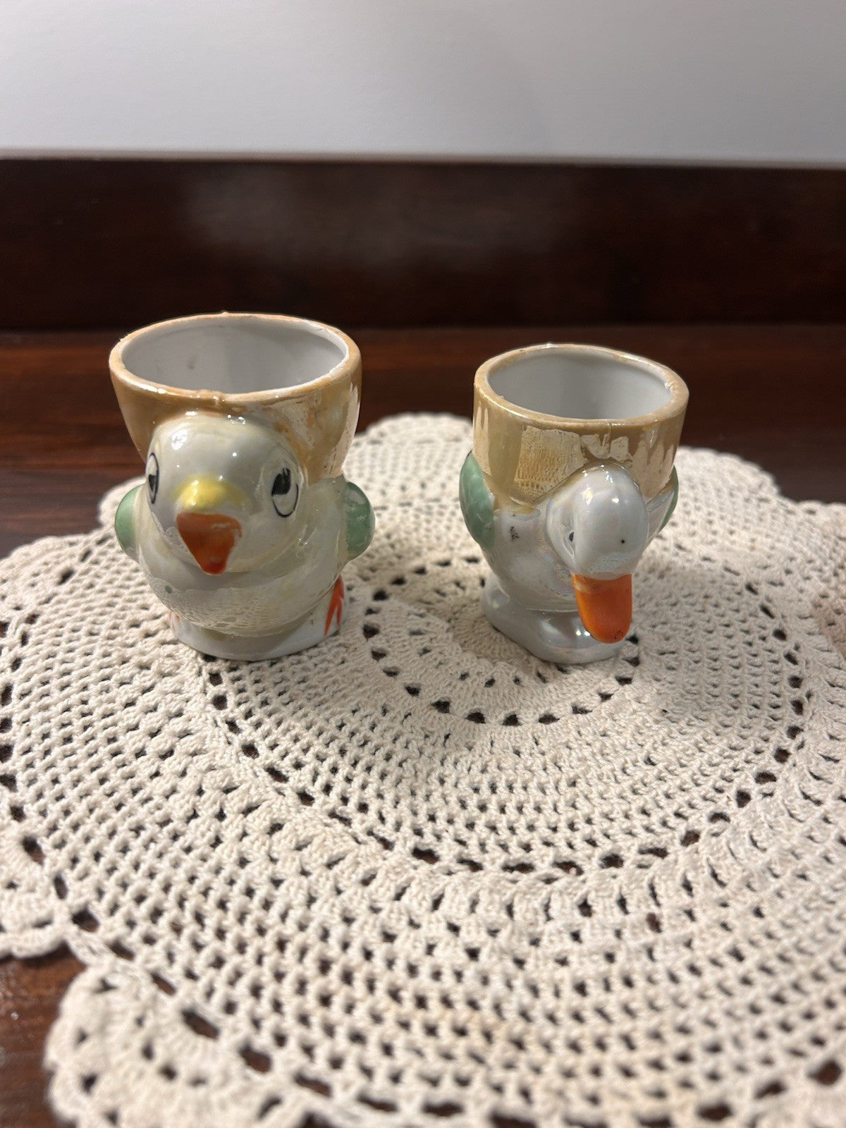 Pair Vintage Bird Egg Cups Hand-Painted Japan 1950s Ceramic Novelty Collectibles