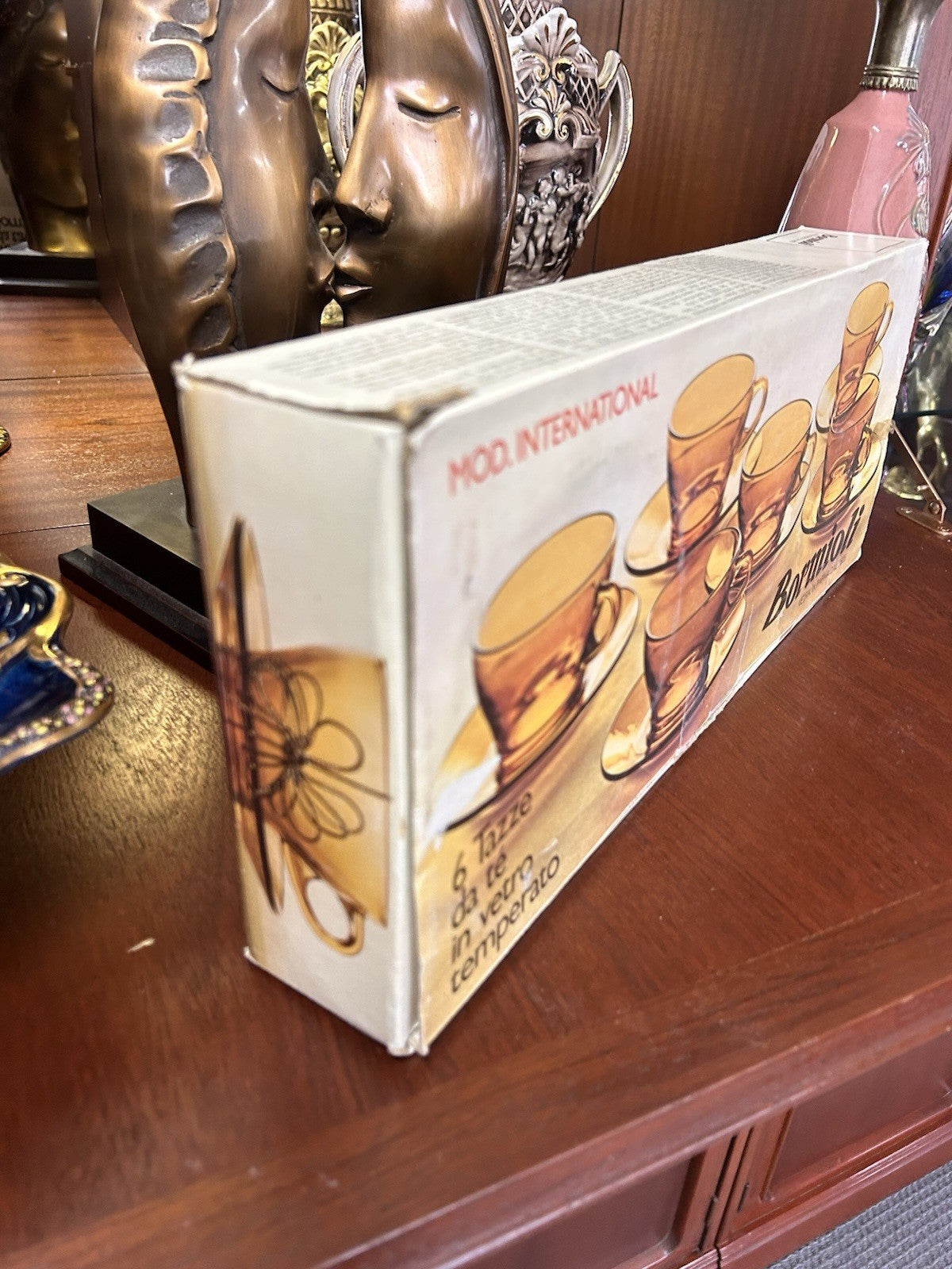 Vintage Bormioli Amber Glass Tea Set 6 Cups & Saucers Boxed Italian