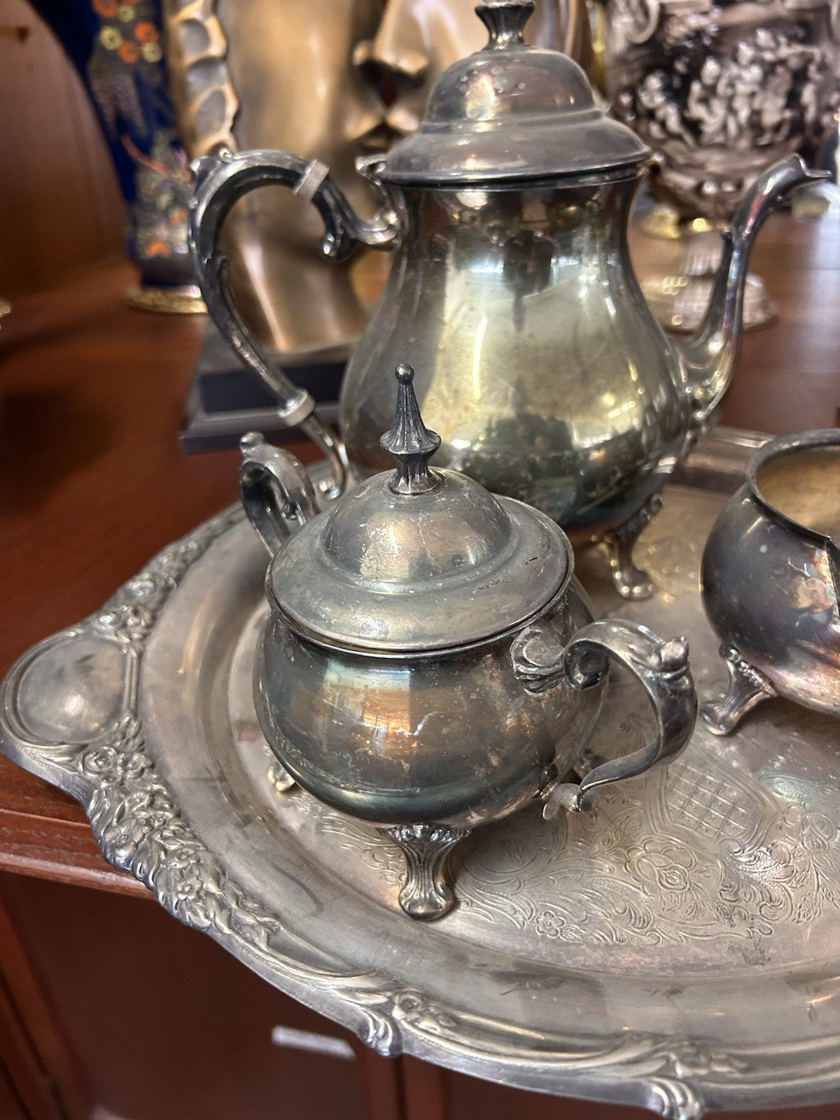 Rodd Silverplate Tea Set w Grosvenor Tray Teapot Sugar Creamer Vintage 