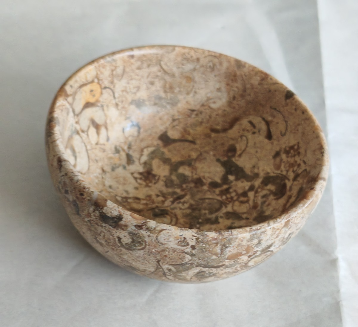 Vintage Polished Fossil Stone Bowl / Dish – Natural Earth Tones c. Mid–Late 20th