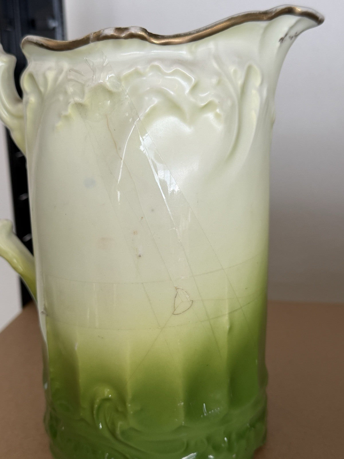 Antique Victorian Green & Cream Porcelain Water Jug Pitcher Bird Transfer Gilt